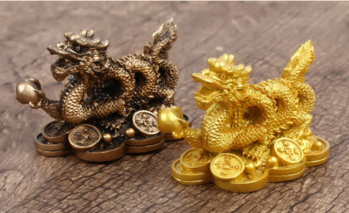Golden Feng Shui Dragon Money Coins Statue - Wealth & Good Luck Charm for Home Office Decor, Business Gift, Meditation & Feng Shui Enhancement