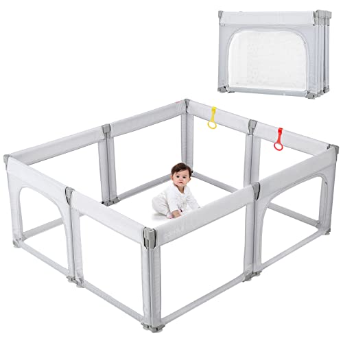 COSOLA Foldable Baby Playpen for Toddlers - Safe Anti-Fall Play Yard with Visible Mesh & Zipper Gate, Adjustable Play Area with Pull-up Rings (71x59 Inches, Grey) - Perfect for Indoor/Outdoor Use in Living Room, Nursery or Backyard