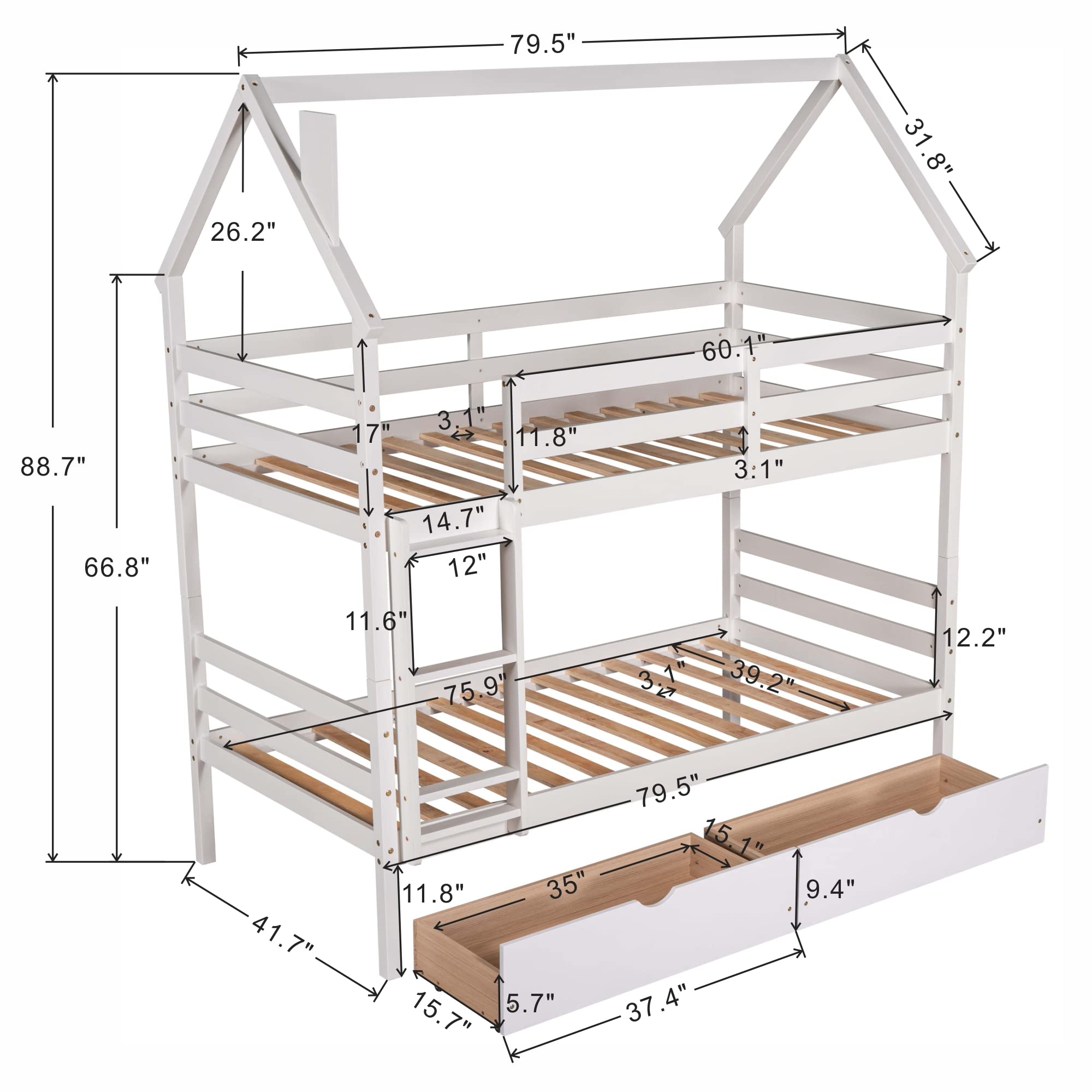 Twin Over Twin Wooden Bunk Bed with 2 Drawers & Chimney Design - Convertible to 2 Separate Beds for Kids, Teens & Toddlers - No Box Spring Required (White) | Perfect for Kids' Bedrooms, Guest Rooms & Space-Saving Home Solutions