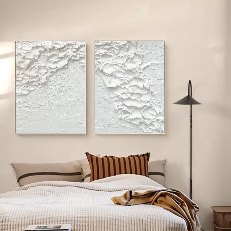 Minimalist White Textured Canvas Wall Art Set of 2 - Modern Abstract Paintings for Living Room, Bedroom & Office Decor #MM061