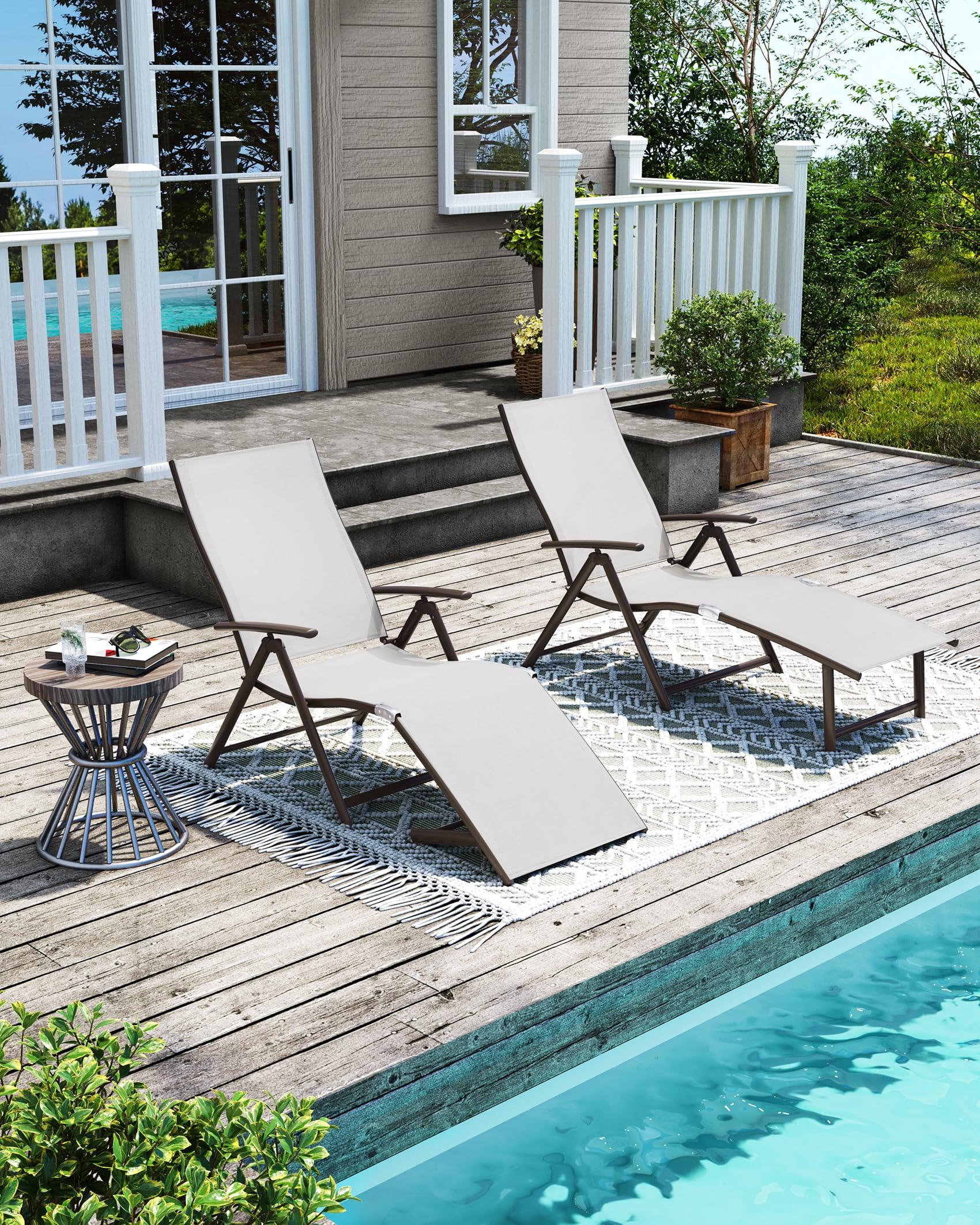 Pellebant Aluminum Patio Chaise Lounge Chair - Adjustable Outdoor Recliner with 8 Backrest Positions, Brown Frame & Light Grey Cushion - Folding All-Weather Pool, Beach & Yard Lounge Chair for Sunbathing, Relaxing by the Poolside or Backyard Lounging