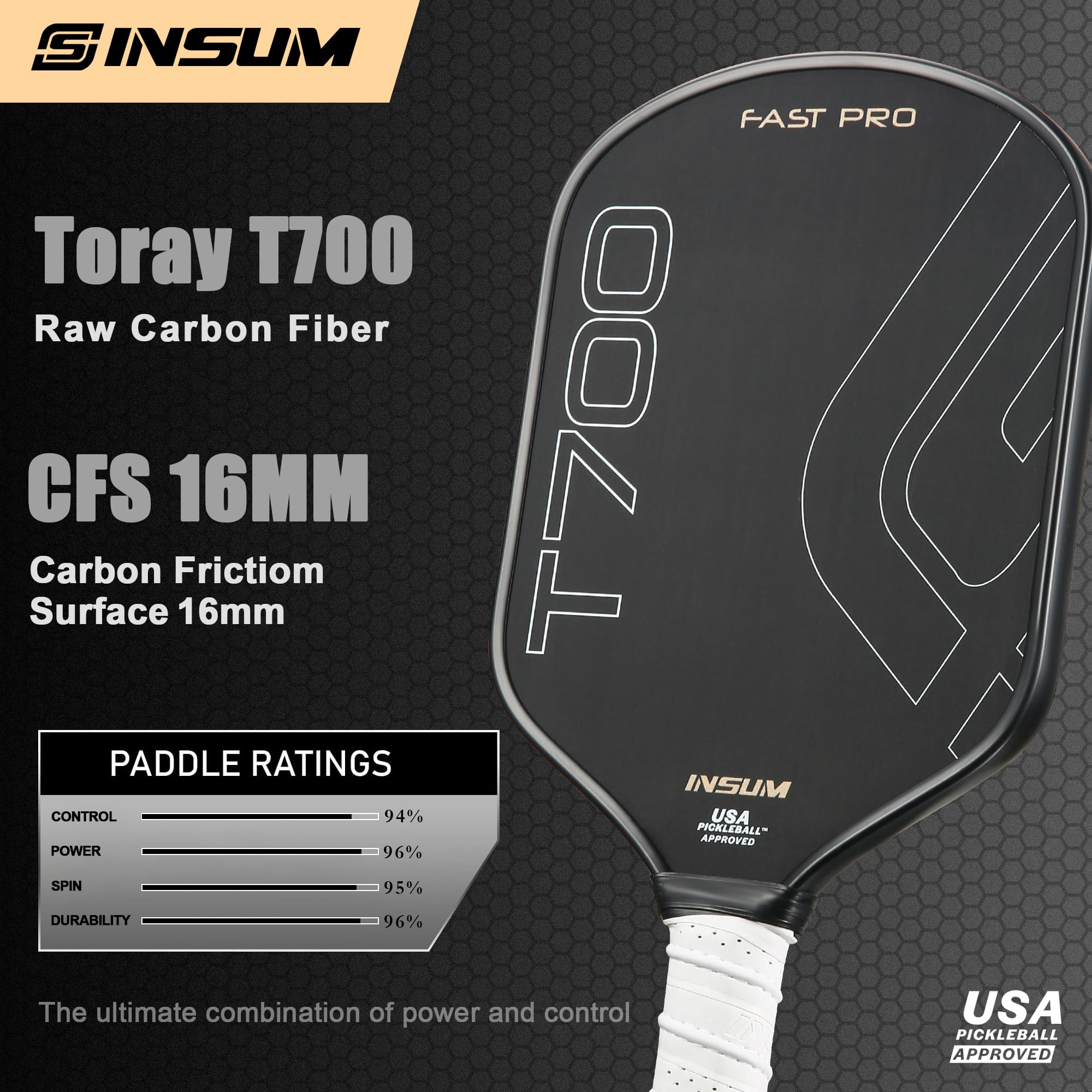 INSUM T700 Pickleball Paddles - USAPA Approved Premium Pickleball Rackets with Toray T700 Raw Carbon Fiber Surface & Nomex Core for Maximum Spin Control | Perfect for Competitive Play & Outdoor Recreation