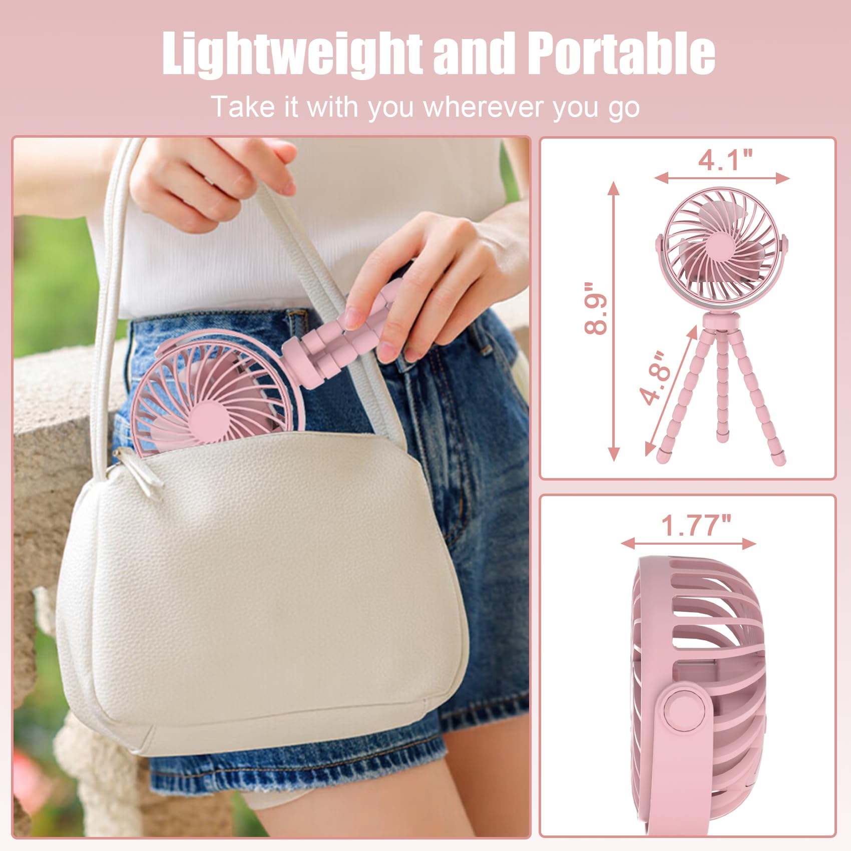 JYJZPB Rechargeable Clip-On Stroller Fan for Baby - 3 Speed 360° Rotating Mini Cooling Fan with Flexible Tripod, Handheld Personal Fan for Travel, Car Seat, Crib, Bed & Bike - Perfect for Outdoor Activities, Summer Trips & Nursery Comfort (Pink)