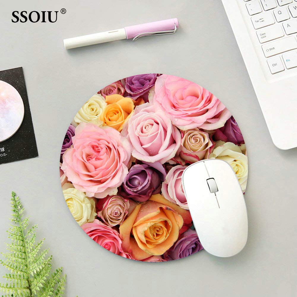 Floral Round Mouse Pad with Pink Purple Yellow Flowers - Non-Slip Cute Circular Mousepad for Office, Home & Gaming - Soft Comfortable Desk Accessory for Computers & Laptops