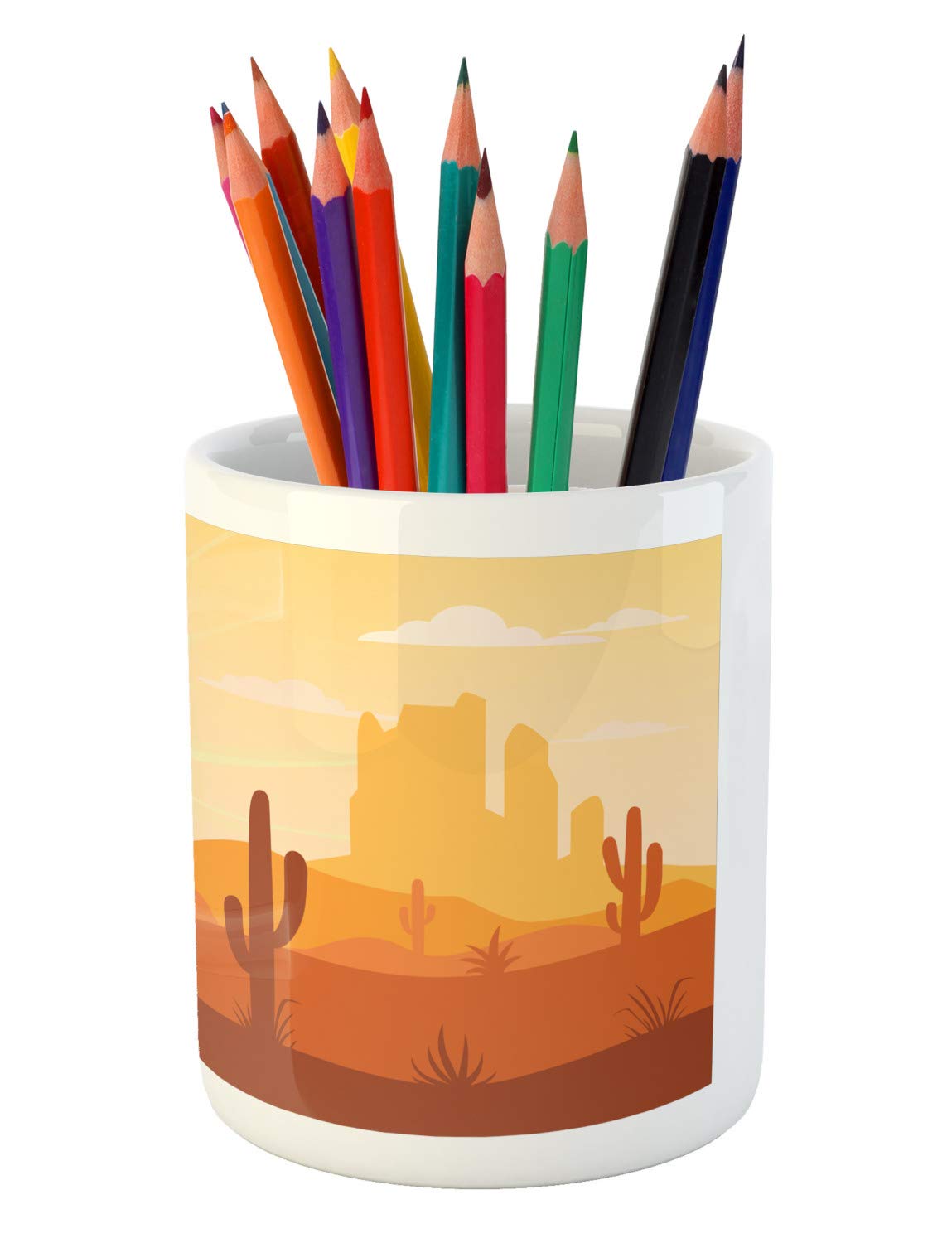 Ceramic Pencil Holder - Western Desert Cactus Cartoon Design, 3.6x3.2 Inch Orange Office Desk Organizer | Perfect for Home Office, School Supplies & Western Theme Decor