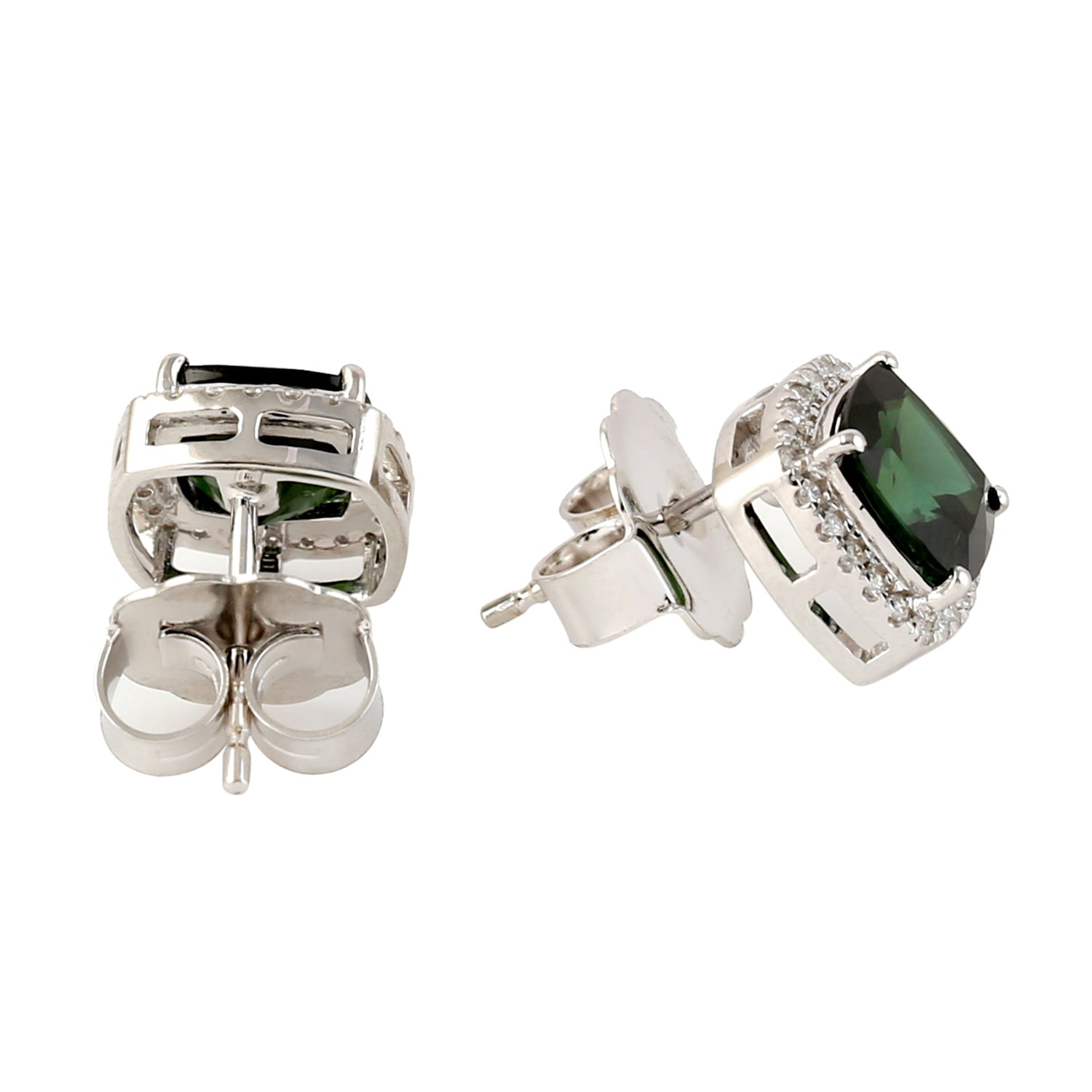Exquisite 18K White Gold Cushion Cut Green Tourmaline Pave Diamond Stud Earrings - Perfect for Weddings, Anniversaries & Special Occasions