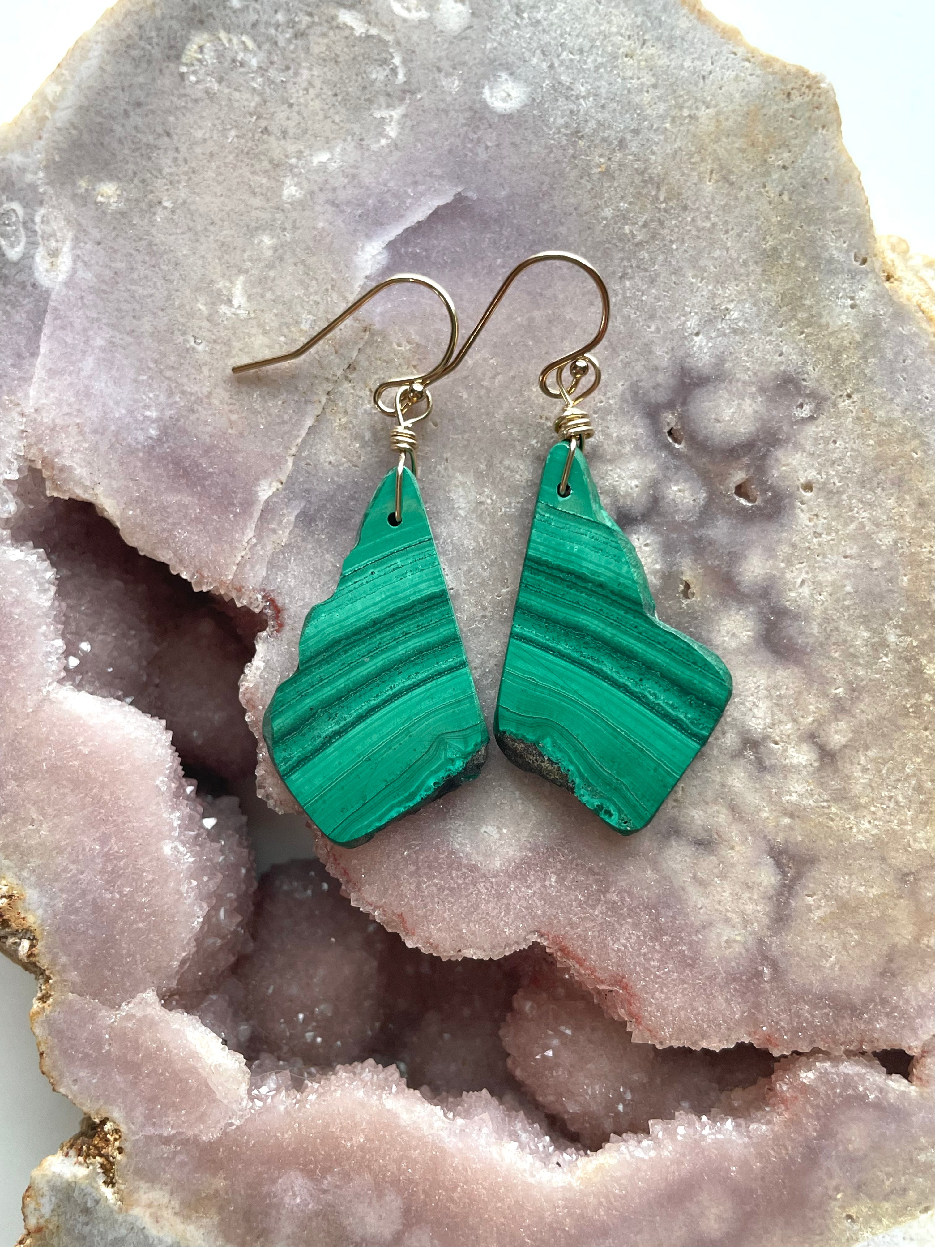 14kt Gold Filled Long Malachite Crystal Dangle Earrings - Handmade Boho Chic Jewelry for Women, Gift for Her | Perfect for Parties, Weddings & Special Occasions