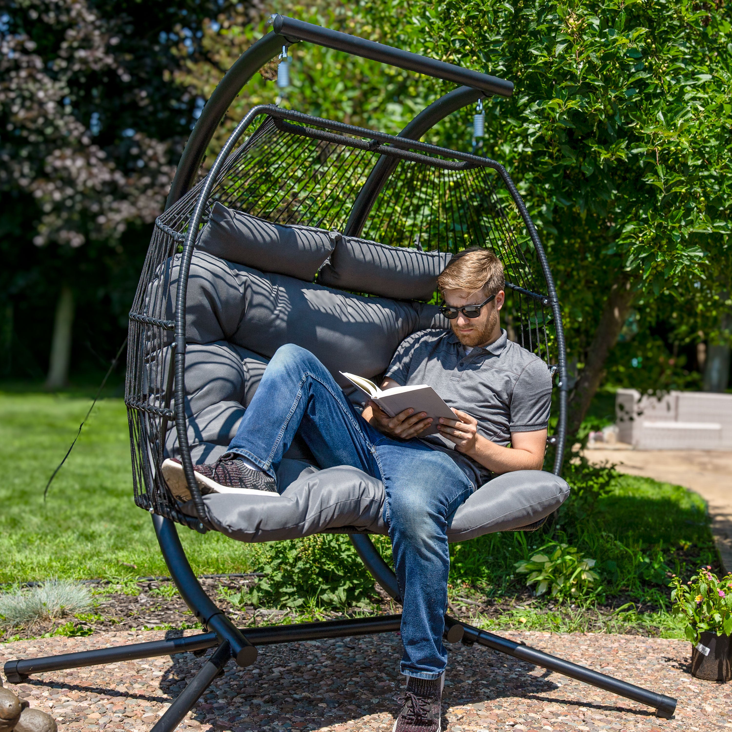 Sunnydaze Andrei Double Hanging Egg Chair with Stand - Dark Gray Outdoor Swing Chair for Patio, Garden, Backyard Relaxation