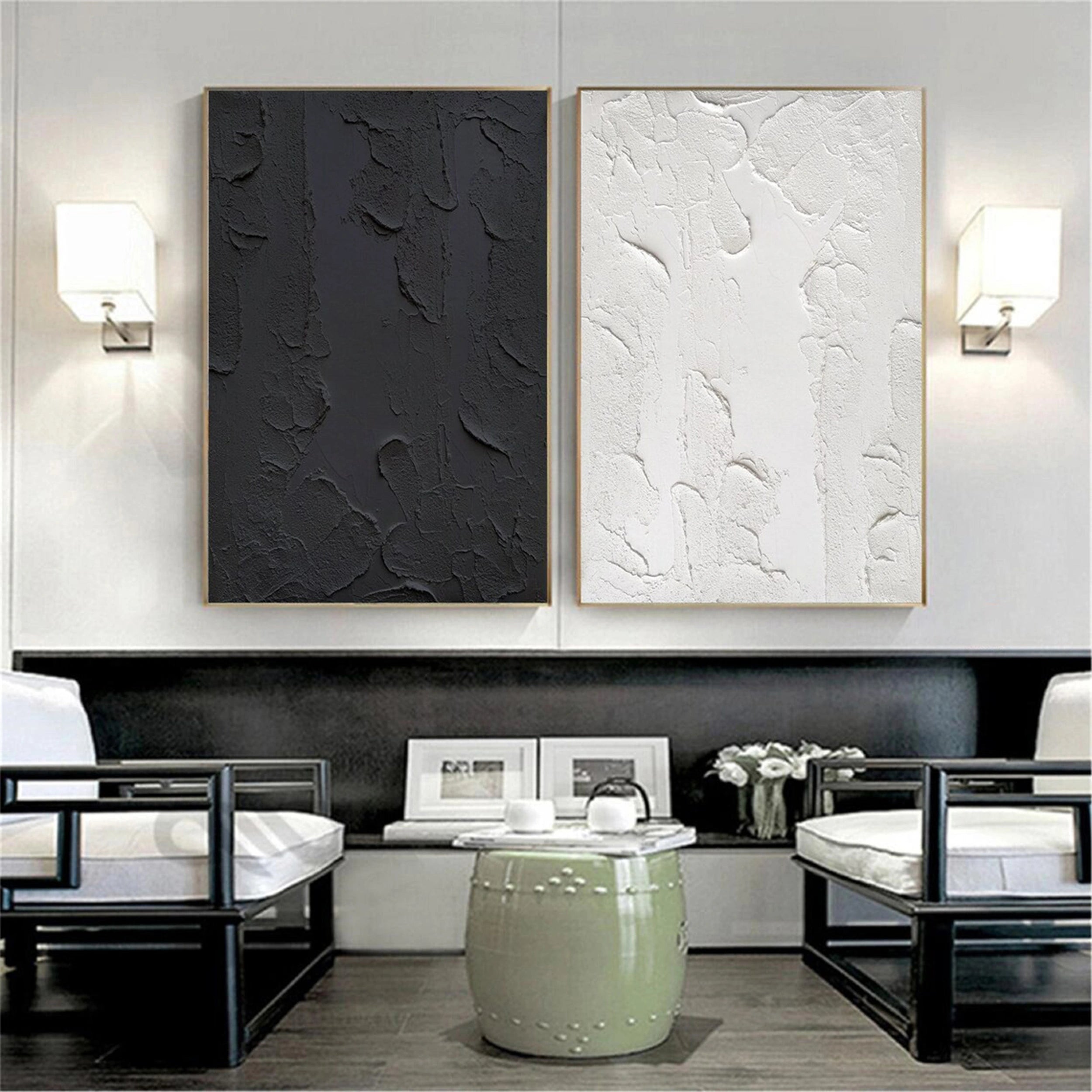 Modern Black and White Textured Minimalist Wall Art - Set of 2 Abstract Canvas Prints (#MZ074) | Perfect for Living Room, Bedroom & Office Decor