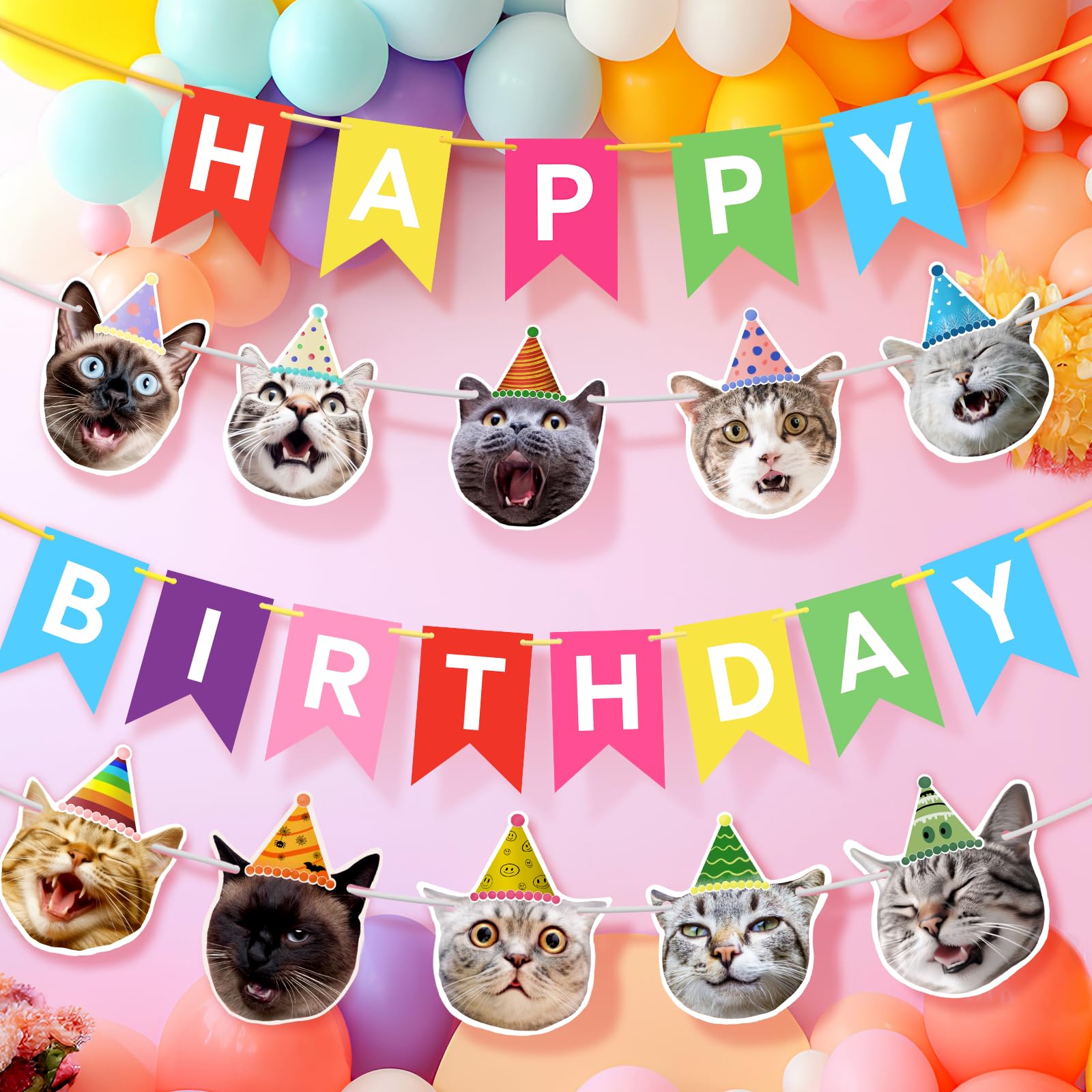 Happy Birthday Cat Banner - Rainbow Bunting Party Decor for Kitty Celebrations