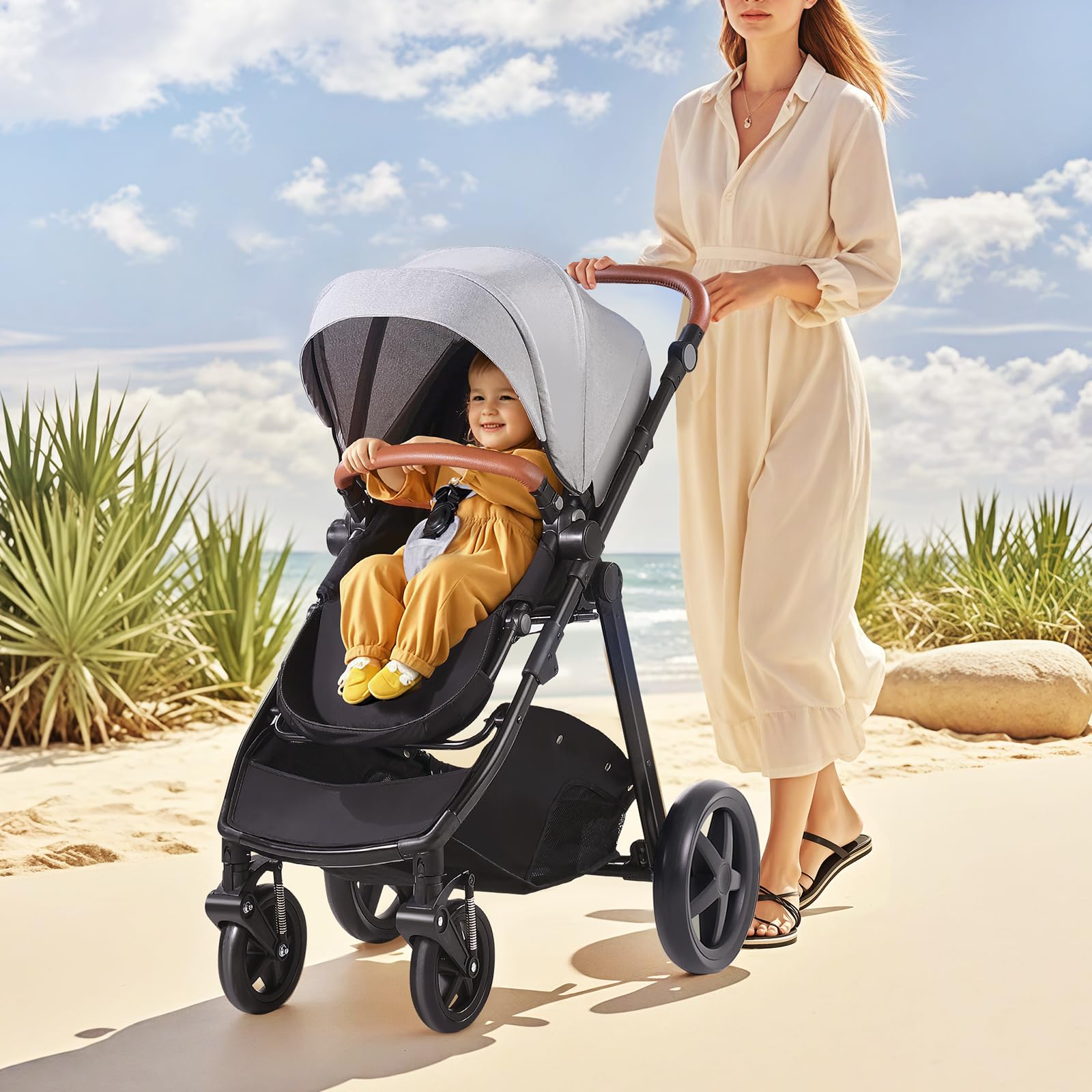 VEVOR 2-in-1 Travel System Stroller with Bassinet & Reversible Seat | Light Gray Baby Stroller Combo with One-Button Fold, EVA Tires & Brake | Perfect for Newborns, Shopping & Outdoor Walks