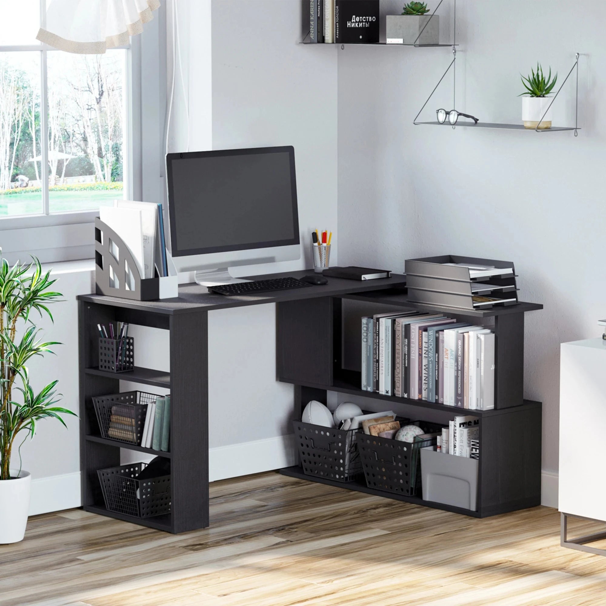 L-Shaped Corner Office Computer Desk with Storage Shelf - 3 Colors (Black, White, Brown) - Perfect for Home Office, Gaming Setup & Small Workspace