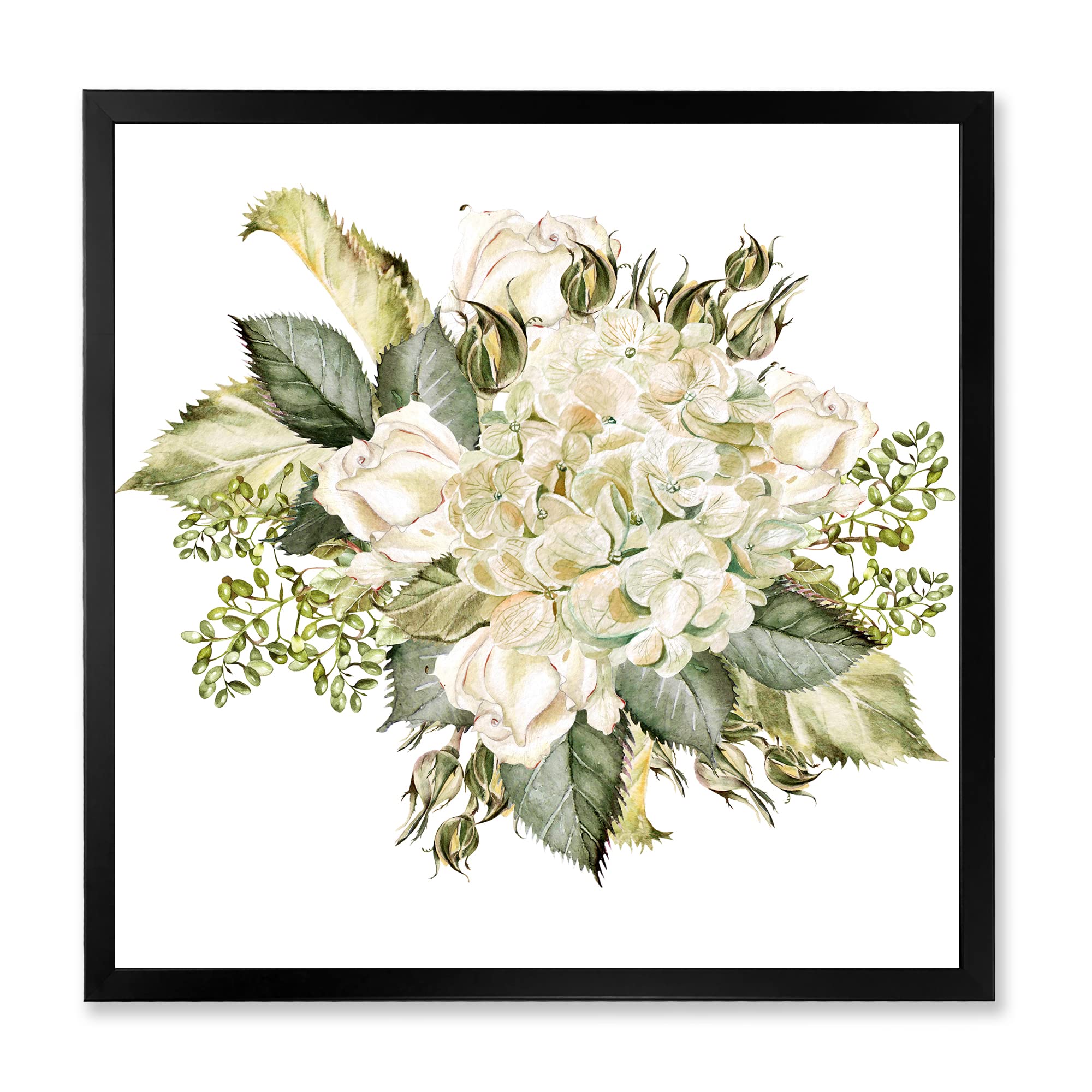 Farmhouse Framed Wall Art - Beautiful Bouquet with Hydrangea and Roses Floral Print | Perfect for Living Room, Bedroom & Home Decor
