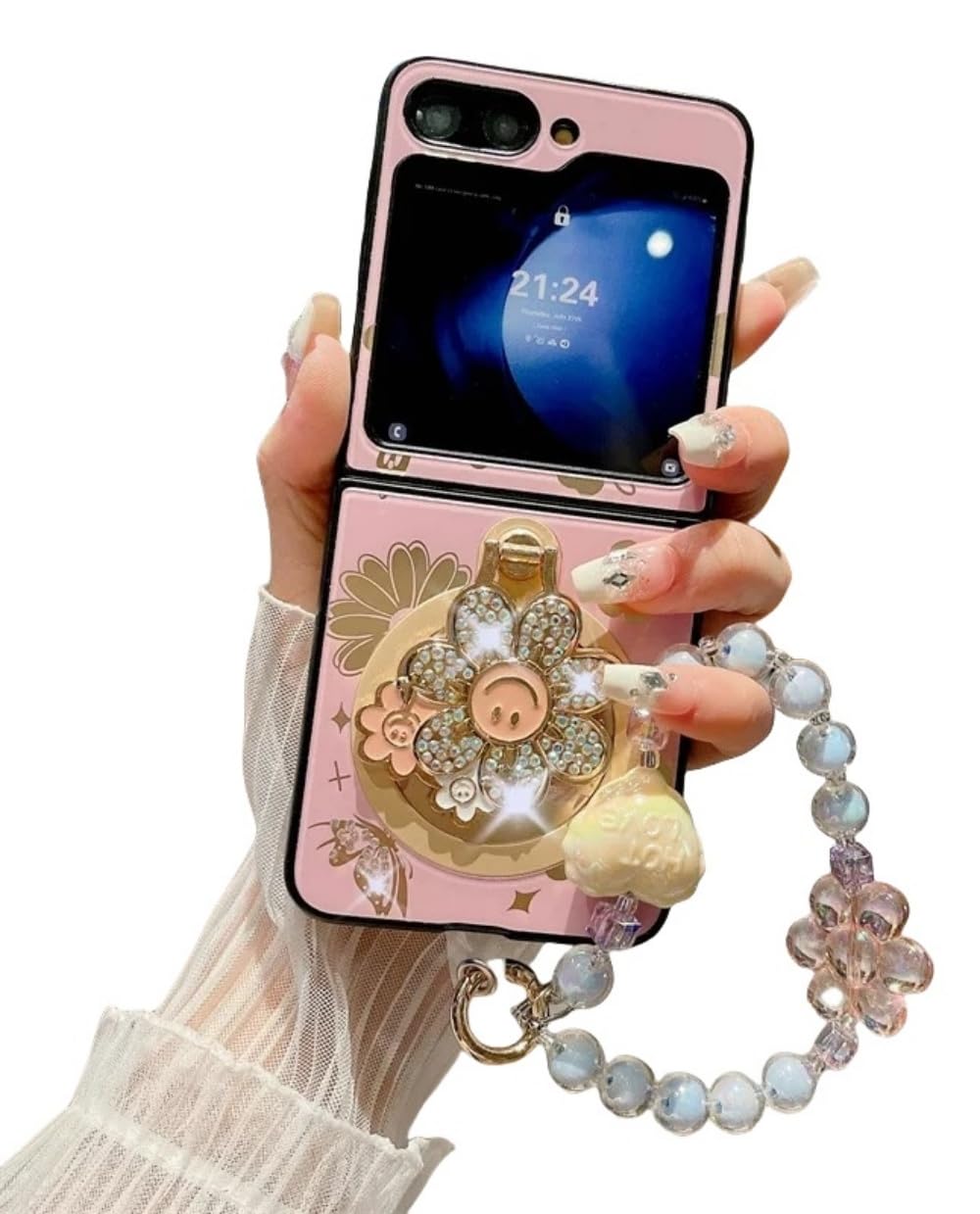 Magnetic Magsafe Case for Samsung Galaxy Z Flip 6 - Bling Diamond Design with Bead Strap, Cute Glitter Sunflower Kickstand Phone Cover for Women & Girls (Pink) | Perfect for Everyday Use, Travel & Fashion Accessories