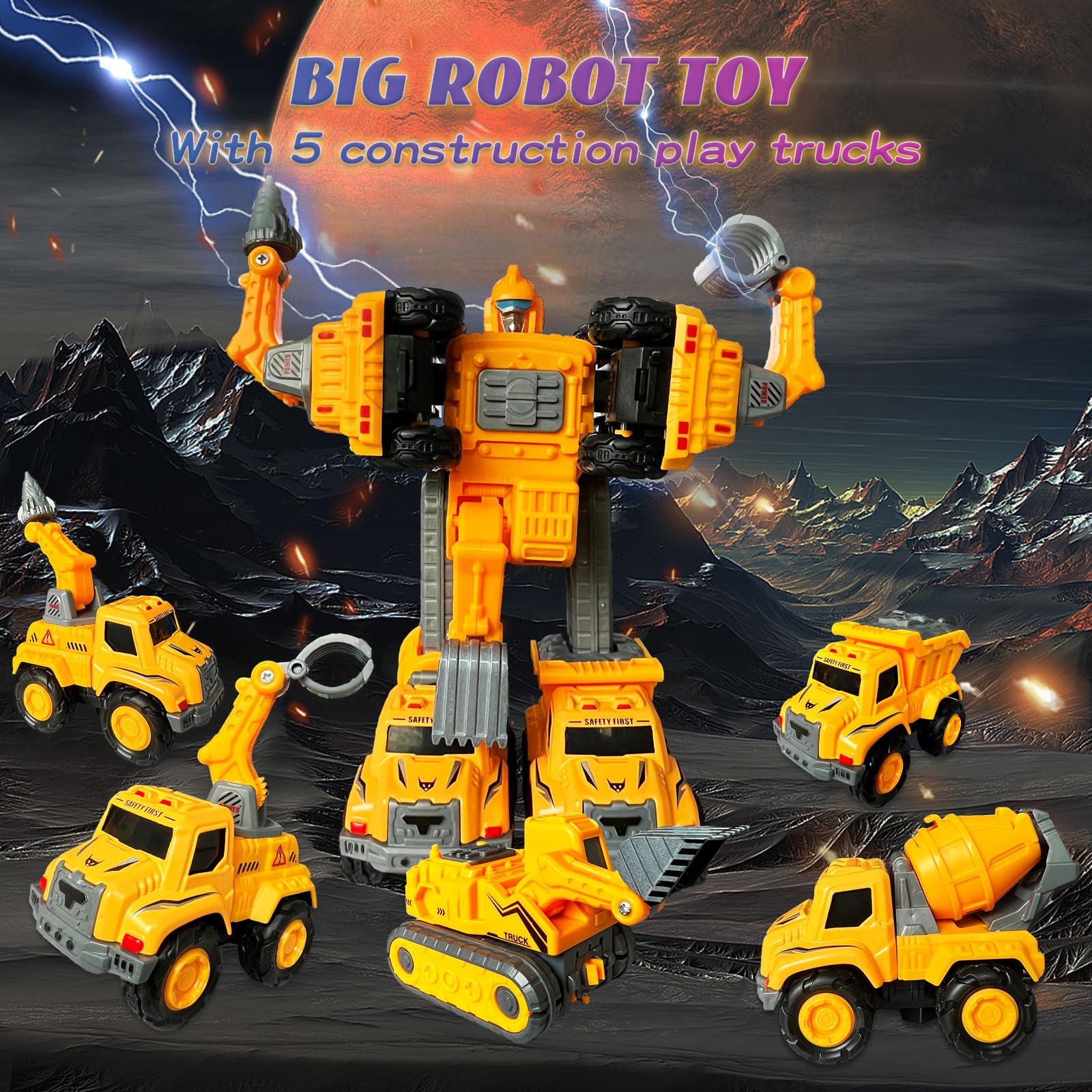 OTONOPI 5-in-1 Transforming Robot Toys - Alloy Construction Trucks Convert to Giant Robot Action Figure Set for Kids Ages 3-12 | STEM Educational Toy for Boys & Girls | Perfect for Playtime, Birthday Gifts & Collectible Display