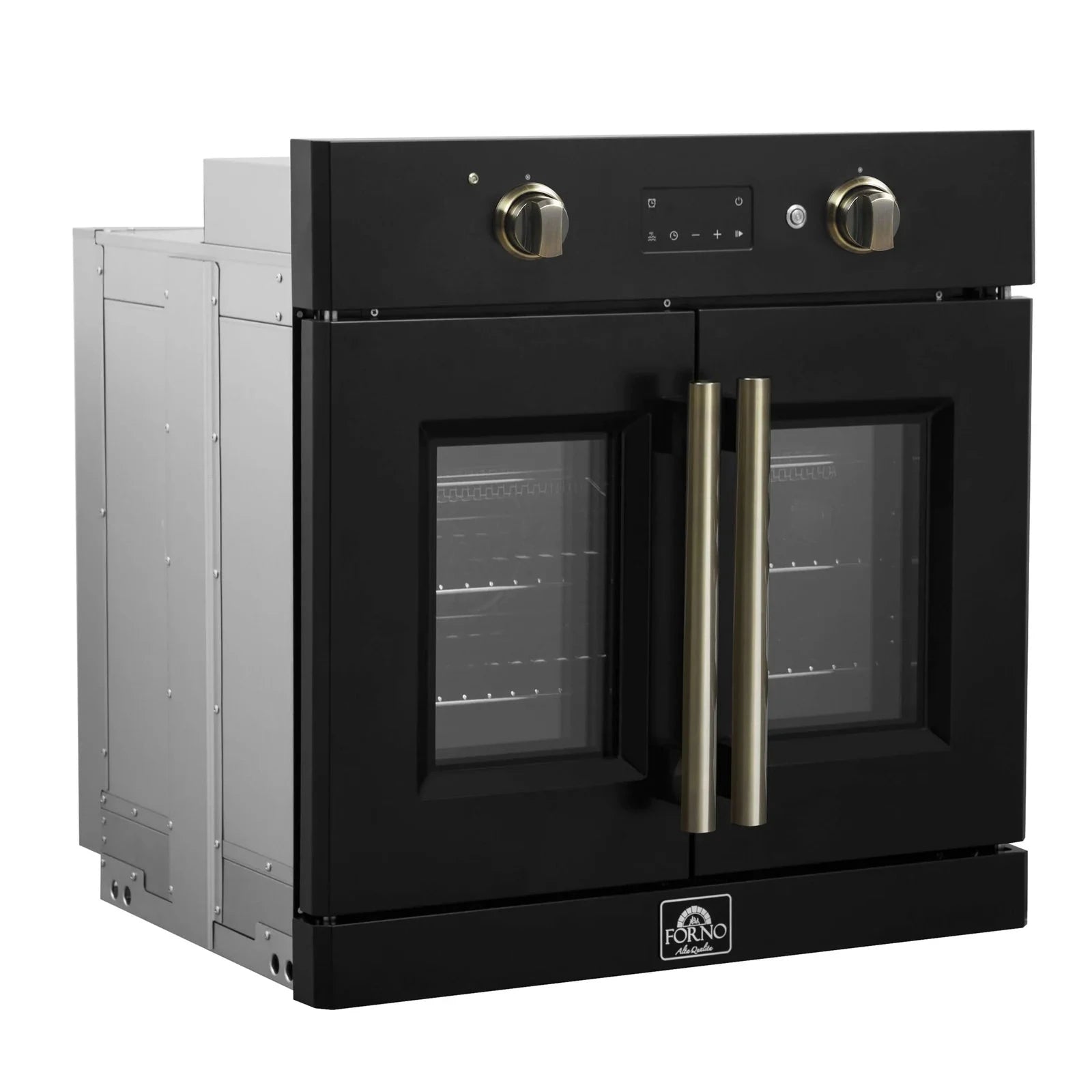 Forno Asti 30 Inch French Door Electric Wall Oven - Black with Antique Brass Trim, Built-in Convection Oven, Self-Cleaning, FBOEL1333 30BLK - Perfect for Modern Kitchens, Baking, Roasting & Entertaining