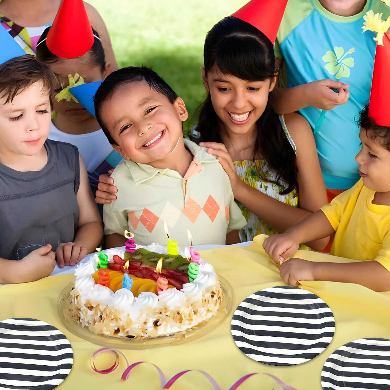Black Striped Paper Plates 72pcs - 9 Inch Round Disposable Party Plates for Desserts, Cakes, Fruits - Perfect for Birthday Parties, Baby Showers & Picnics