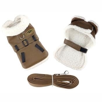 Stylish Brown & Black Faux Leather Bomber Jacket Dog Coat with Matching Harness & Leash Set - Perfect for Winter Walks & Outdoor Adventures