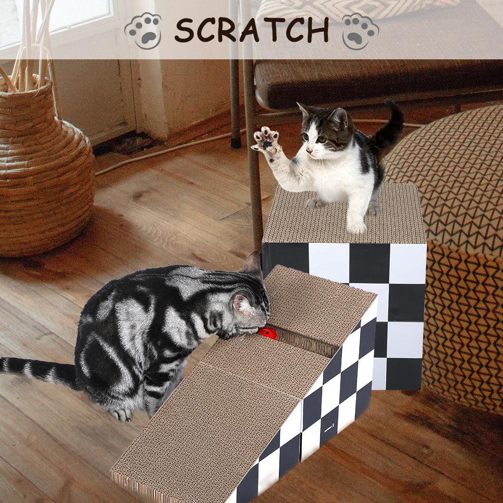 Durable Cat Scratching Board with Ball - 2-in-1 Triangle Cardboard Scratcher & Lounge Bed for Cats - Multiple Scratching Angles, Recyclable Furniture Protector (Black & White) - Perfect for Indoor Play & Sofa Protection