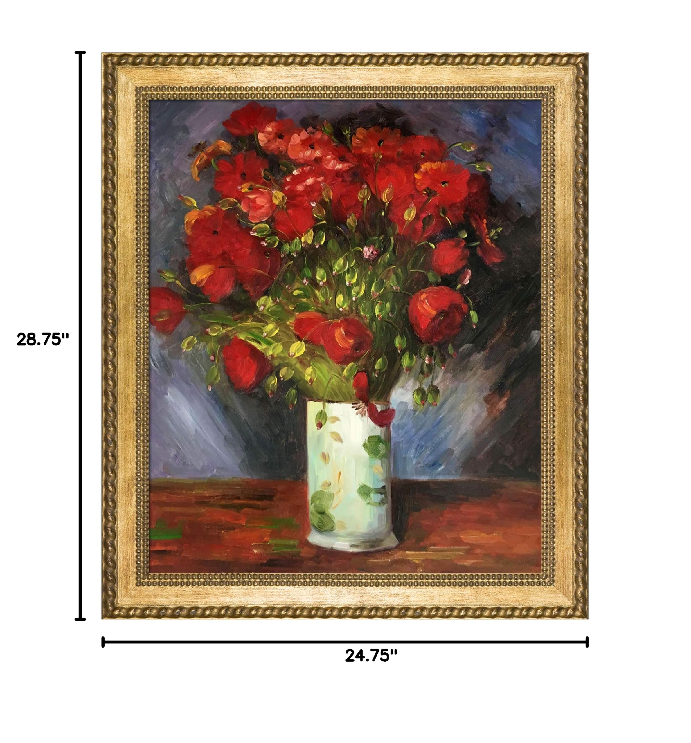OverstockArt Hand-Painted Red Poppies Vase Oil Painting Reproduction - Van Gogh Inspired Floral Artwork with Verona Gold Braid Frame (28.75