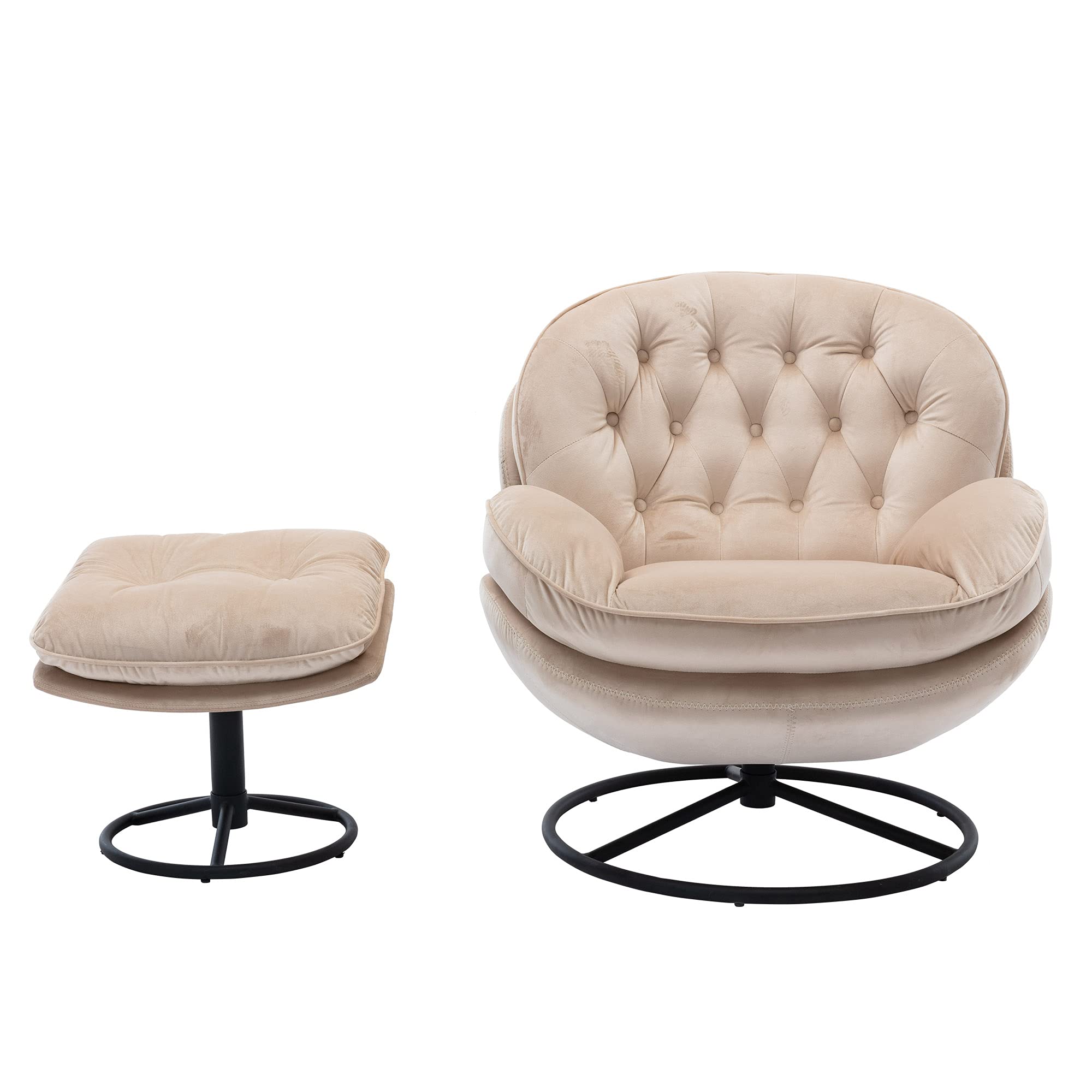 NIOIIKIT 360° Swivel Velvet Accent Chair with Ottoman - Plush Upholstered Lounge Chair with Footrest, Comfortable Cushioned Recliner Armchair for Living Room, Bedroom & Office - Perfect for Relaxing, Reading & Entertaining Guests (Beige)