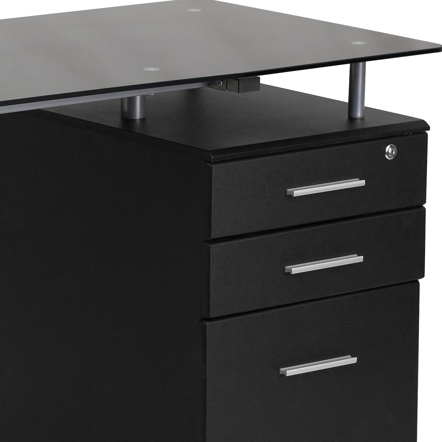 Flash Furniture Singleton Black Glass Computer Desk with Three Drawer Pedestal - Modern Home Office Desk for Work, Study & Gaming - Compact Writing Table for Small Spaces & Apartments