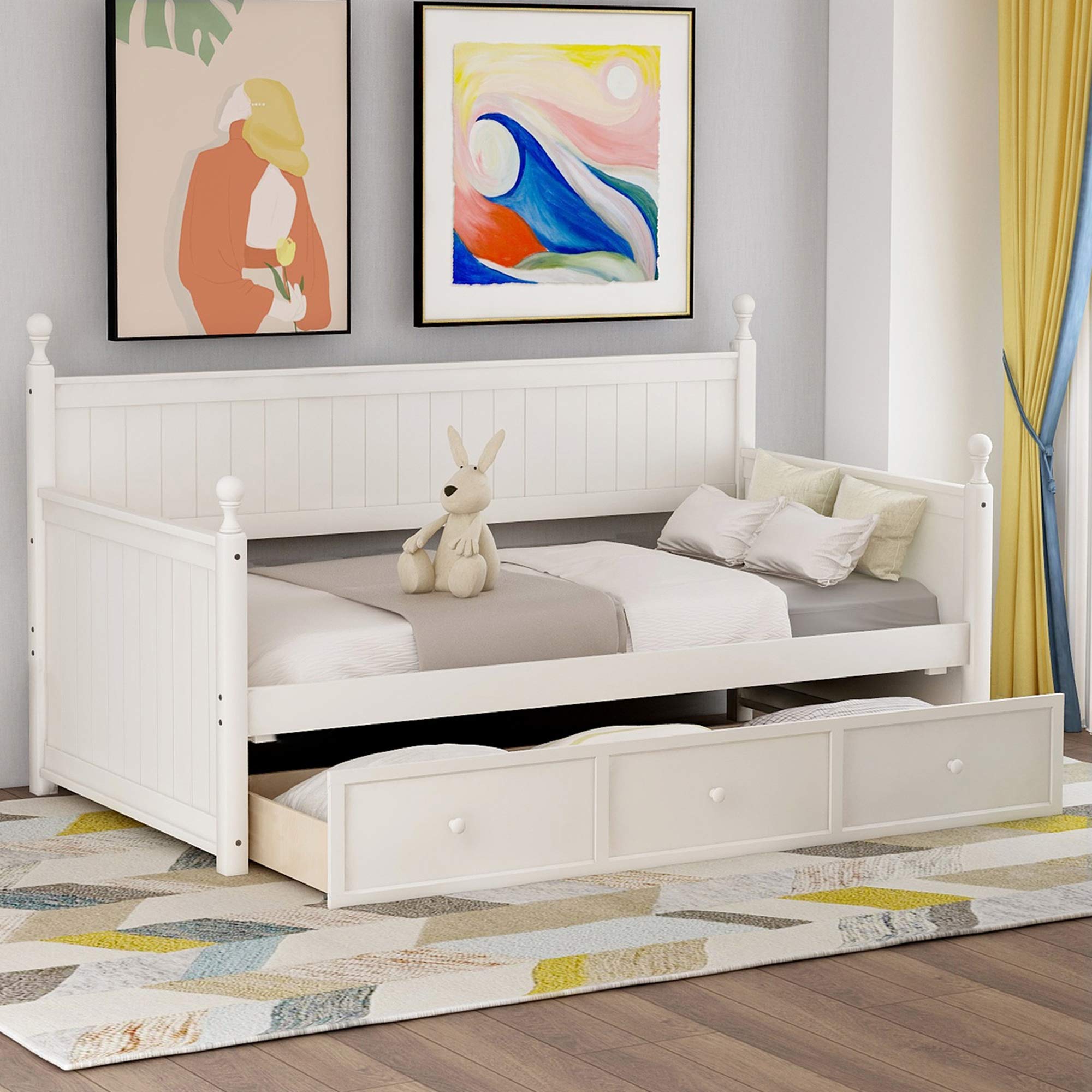 White Twin Daybed with Storage Drawers - Sturdy Wooden Frame with Slats, 275 lbs Weight Capacity - Perfect for Guest Rooms, Dormitories & Small Spaces