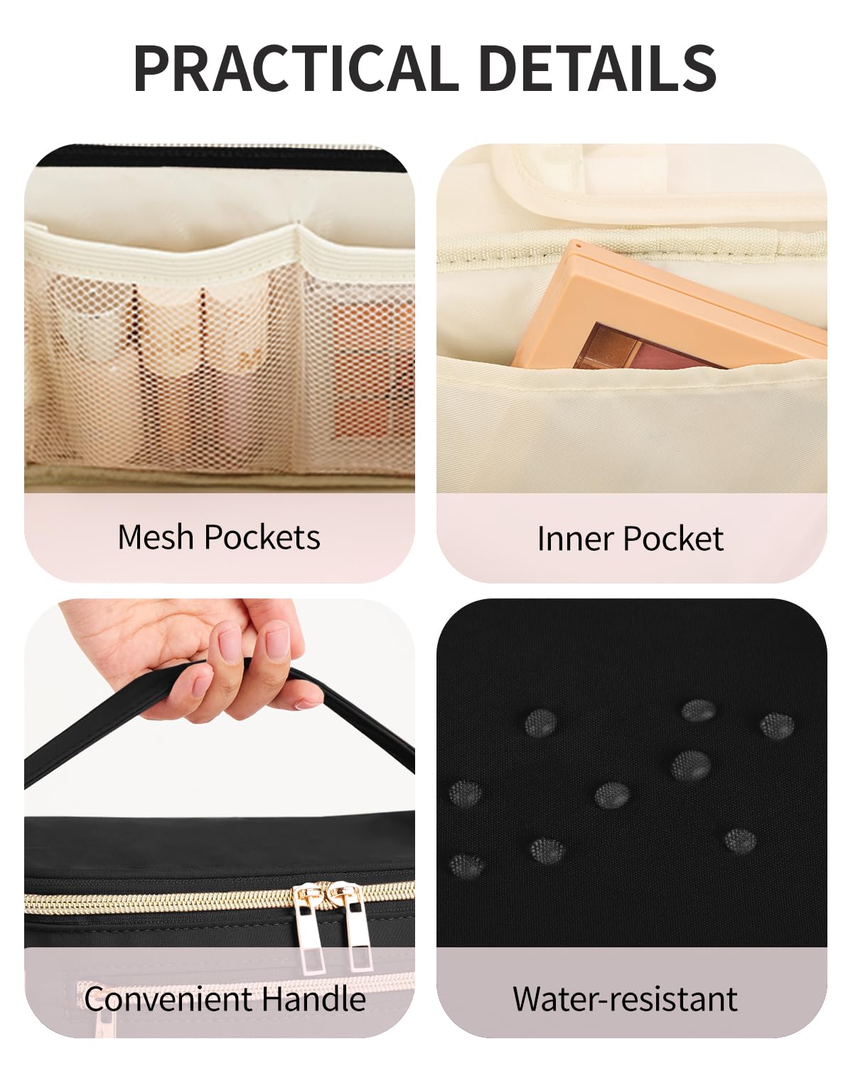 Wandering Nature Large Makeup Bag for Women - Travel Cosmetic Organizer with Brush Holder, Fabric Makeup Case in Black (Patent Pending) - Perfect for Travel, Gym & Daily Beauty Storage
