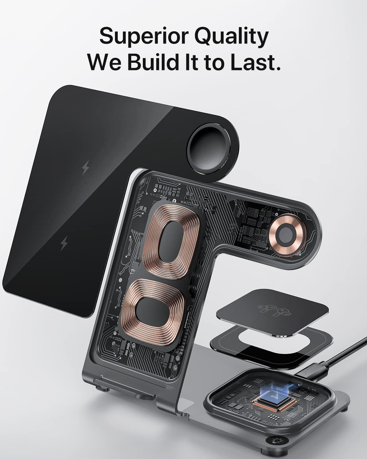 2024 Upgraded 3-in-1 Intoval Metal Wireless Charging Station - Fast Qi Charger for iPhone 16/15/14/13 Series, Apple Watch 10/9/8/Ultra, AirPods Pro 2/3/4 | Sleek Gray Design | Perfect for Bedside, Office & Travel Charging