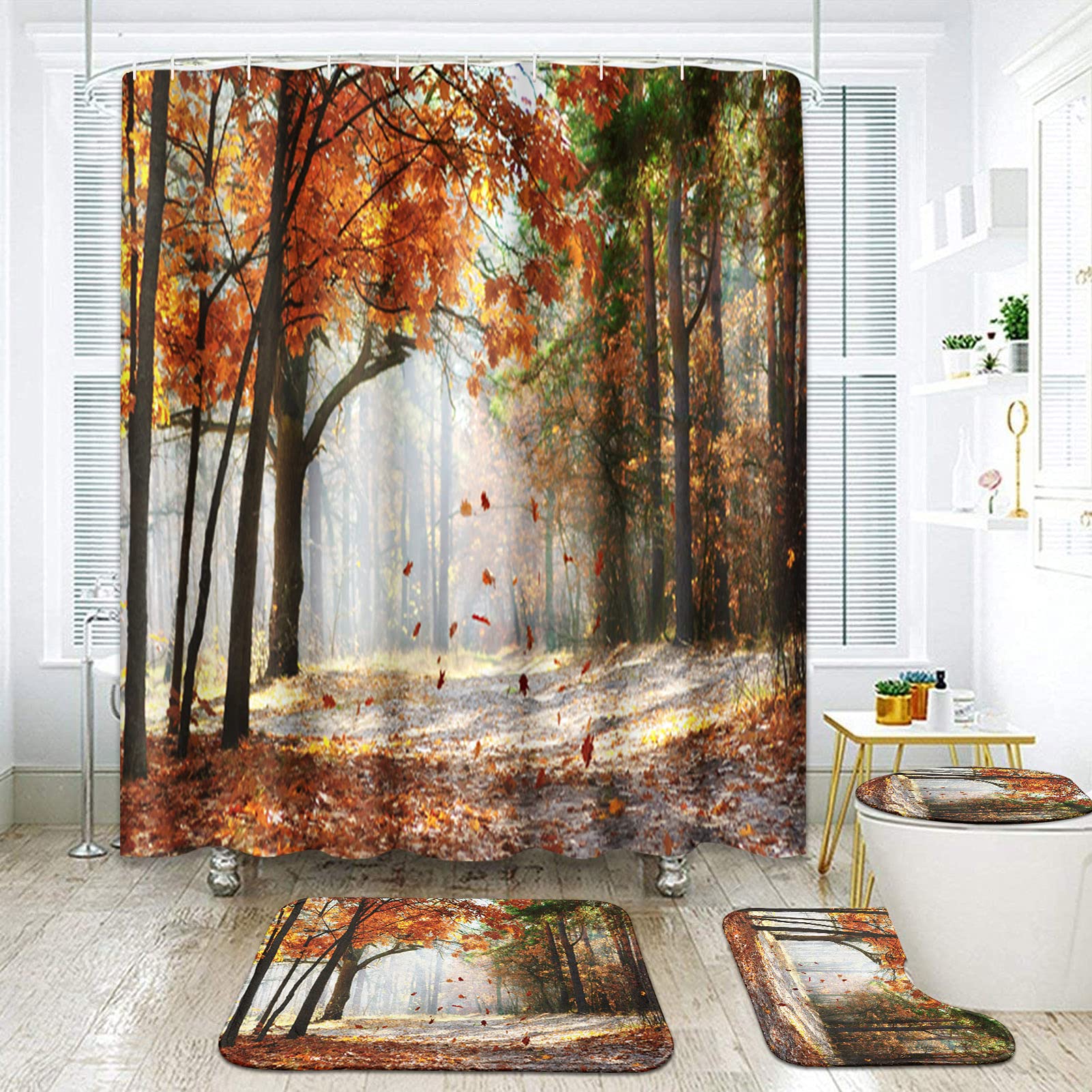ArtSocket 4-Piece Autumn Maple Leaves Shower Curtain Set with Non-Slip Bath Mat & Toilet Cover - Fall Forest Orange Bathroom Decor (72x72 inches) for Cozy Seasonal Home Spa Experience