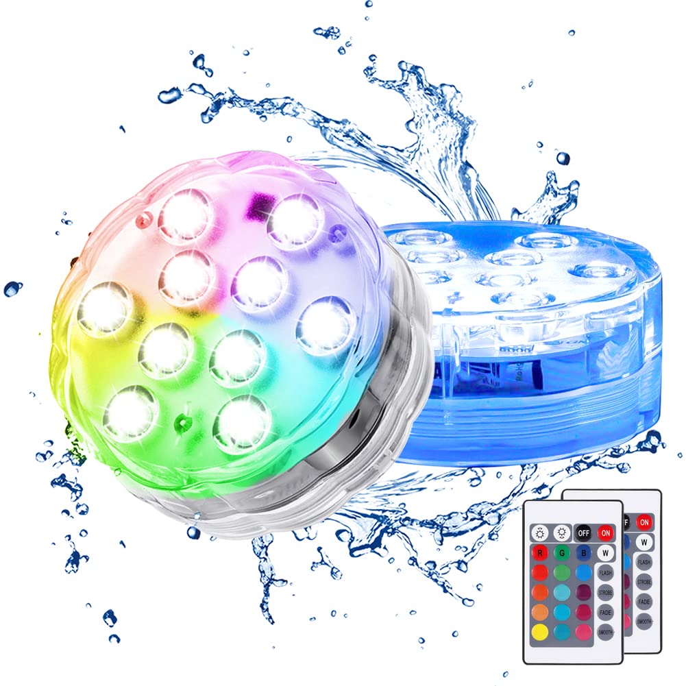 2 Pack Waterproof LED Pool Lights - 16 Color Changing Submersible Lights with Remote Control for Swimming Pools, Hot Tubs, Ponds & Fountains | Outdoor Underwater Decoration Lighting