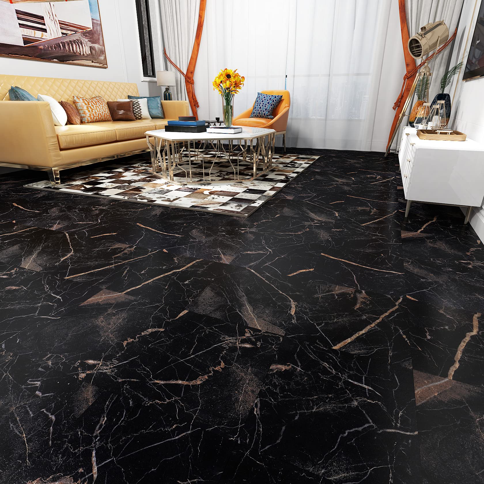 Black Marble Peel and Stick Vinyl Floor Tiles - 12