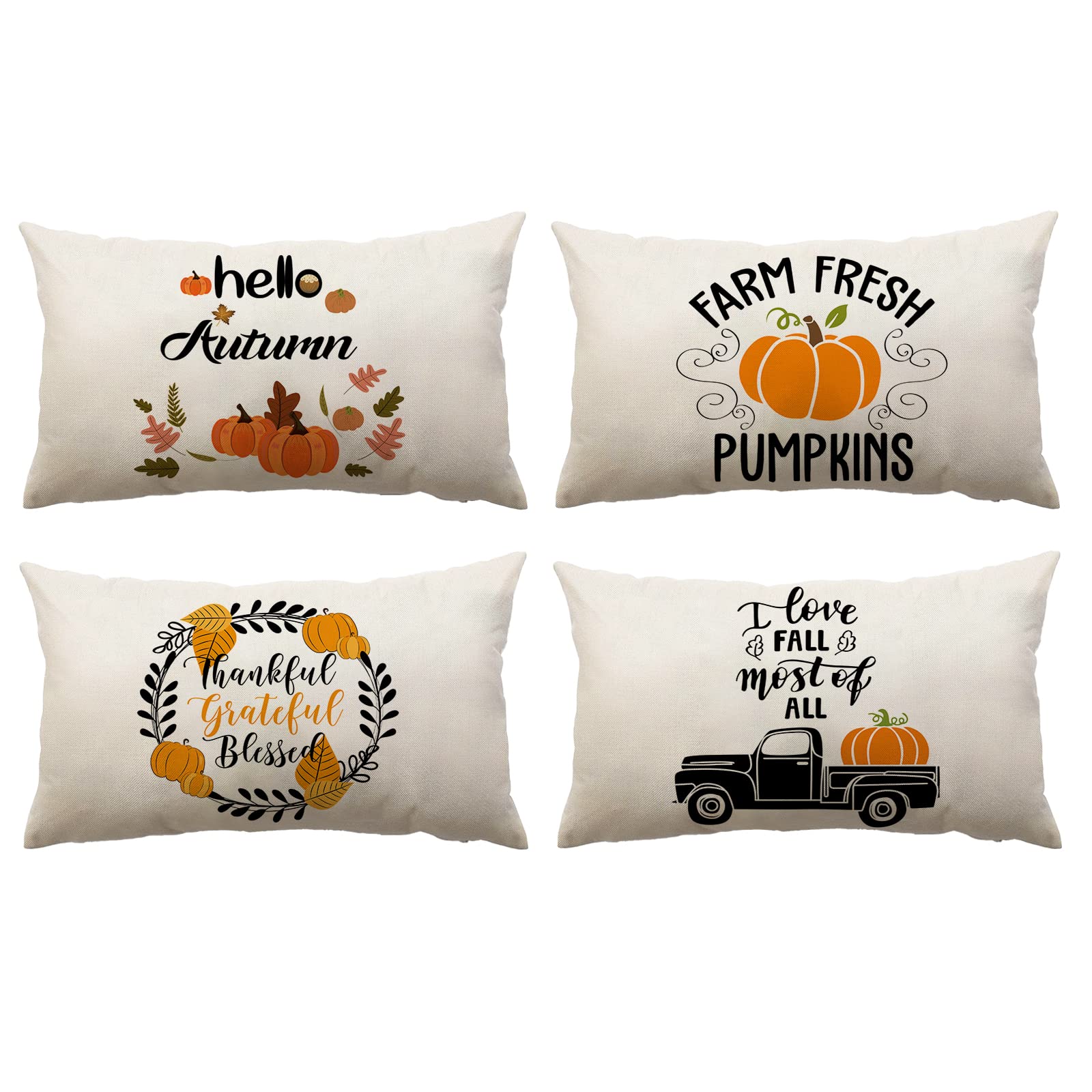 4 Pack Fall Pillow Covers 12x20 Inch - Thanksgiving Pumpkin & Autumn Leaves Decorative Throw Pillow Cases for Sofa, Couch, Bed, Porch - Cozy Seasonal Home Decor for Fall, Halloween & Thanksgiving
