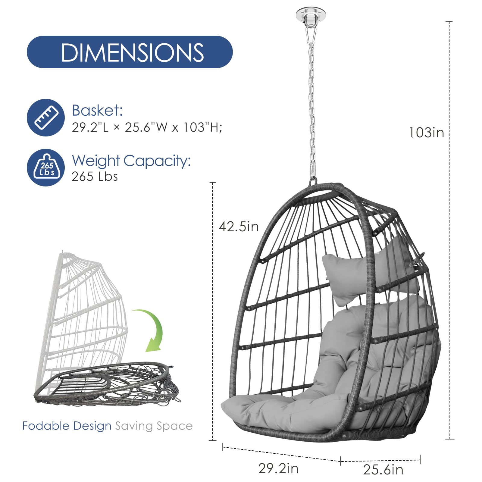 Nicesoul Hanging Egg Chair Without Stand - Indoor/Outdoor Swing Egg Basket with Cushion, 300lbs Capacity - Gray Hammock Chair for Patio, Backyard, Balcony, Bedroom, Porch - Perfect for Relaxing, Reading & Lounging