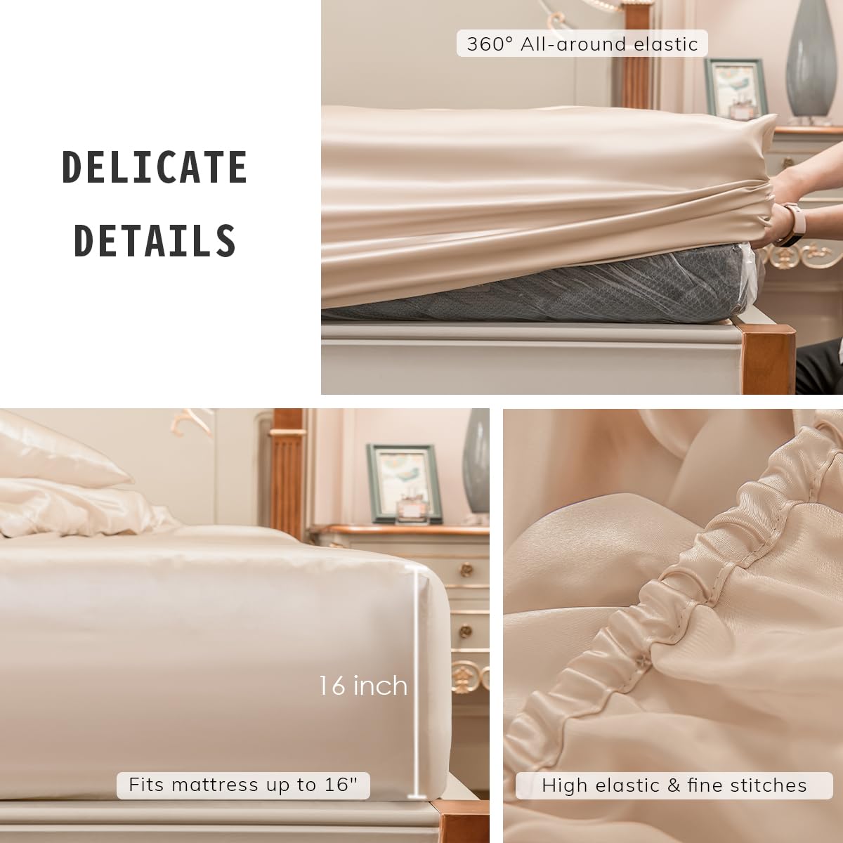 Premium 23mm 100% Mulberry Silk Queen Size Fitted Sheet - 3rd Gen 23 Momme Luxury Bedding with 16-Inch Deep Pocket (Champagne) | Soft & Breathable for All-Season Comfort | Perfect for Master Bedrooms, Guest Rooms & Luxury Hotels