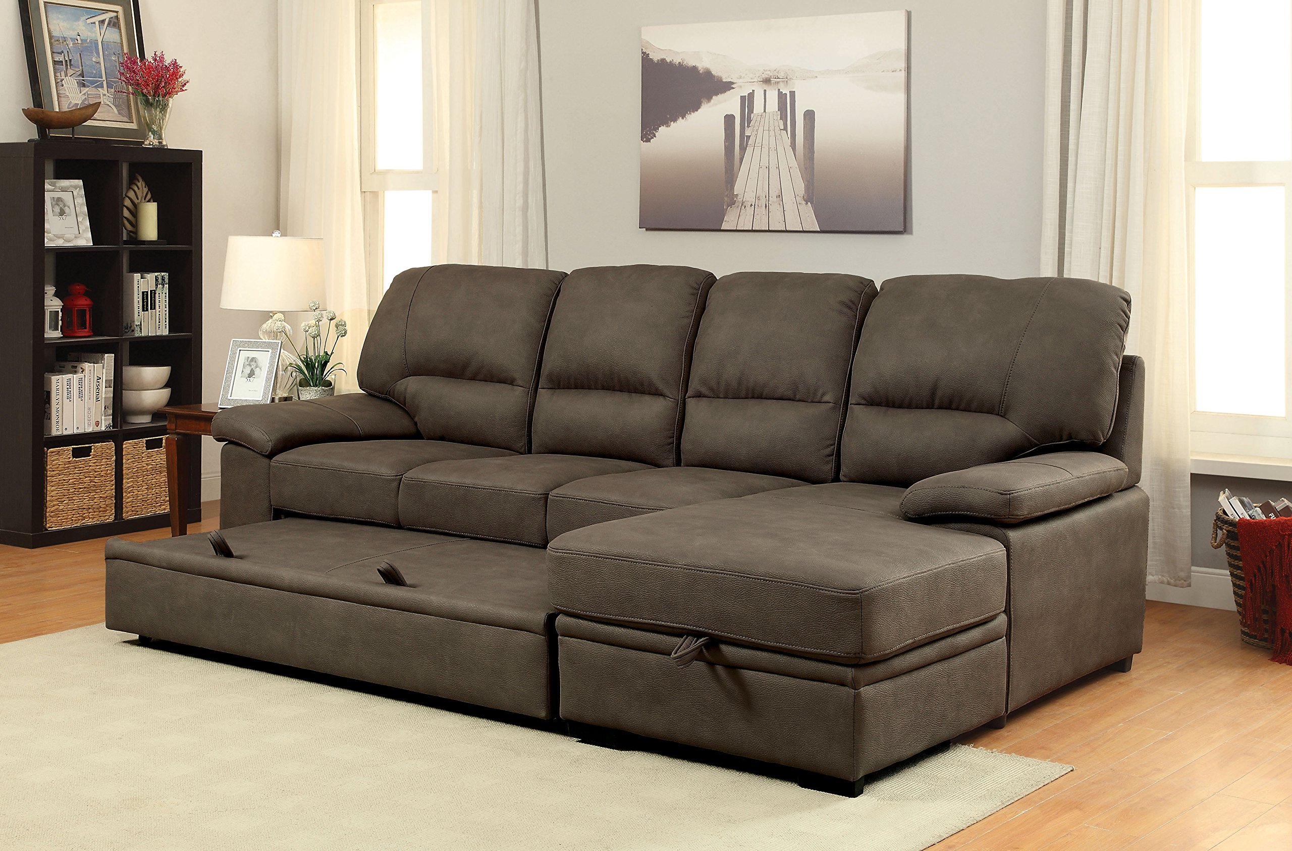 Canby Contemporary Sectional Sofa with Sleeper & Chaise in Ash Brown - Modern Living Room Furniture by Furniture of America | Perfect for Small Spaces, Apartments & Family Gatherings