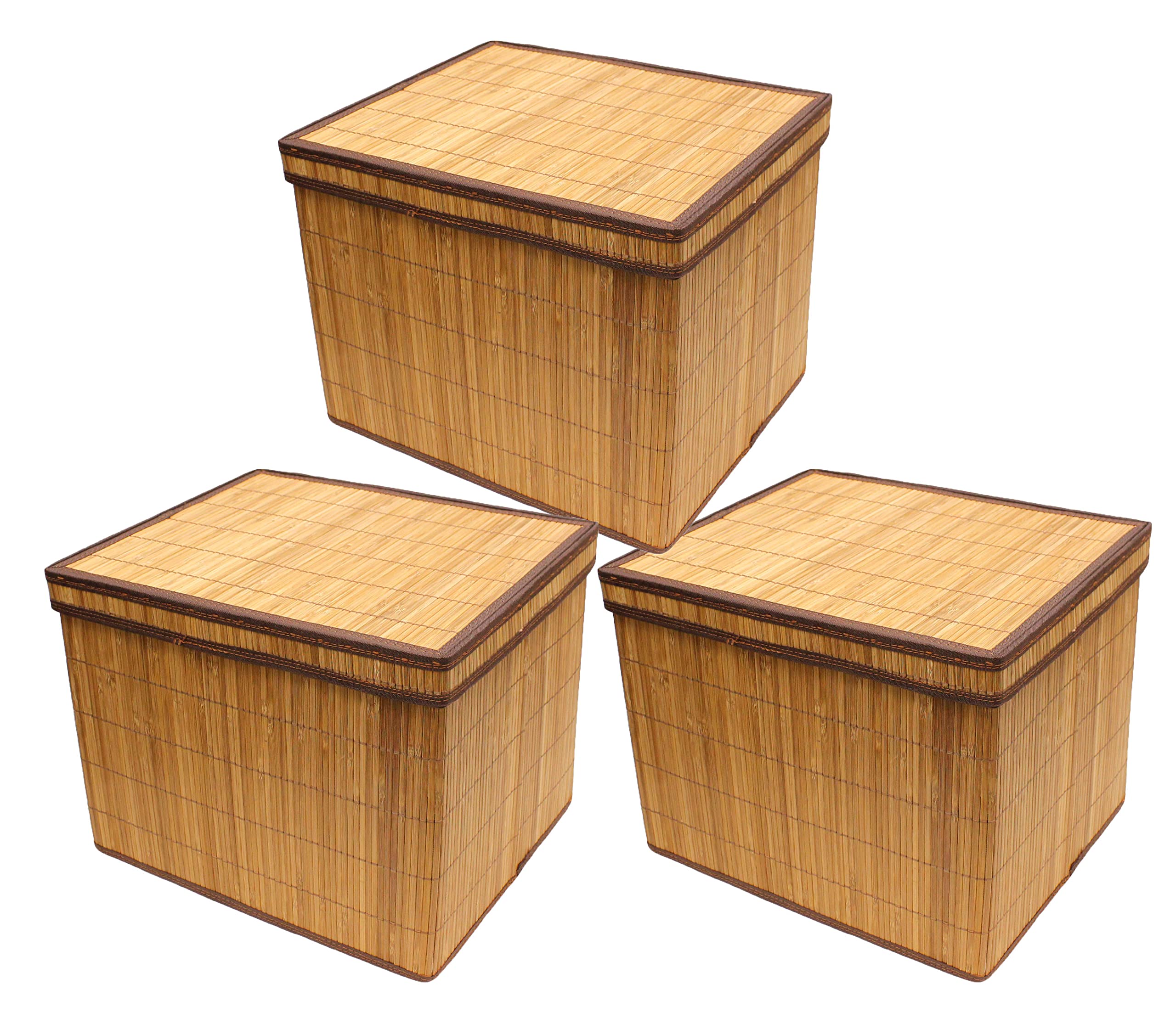 Natural Bamboo Storage Box with Lid - 3 Pack Large, Brown | Eco-Friendly Home Organization for Closet, Bathroom & Office | Seta Direct
