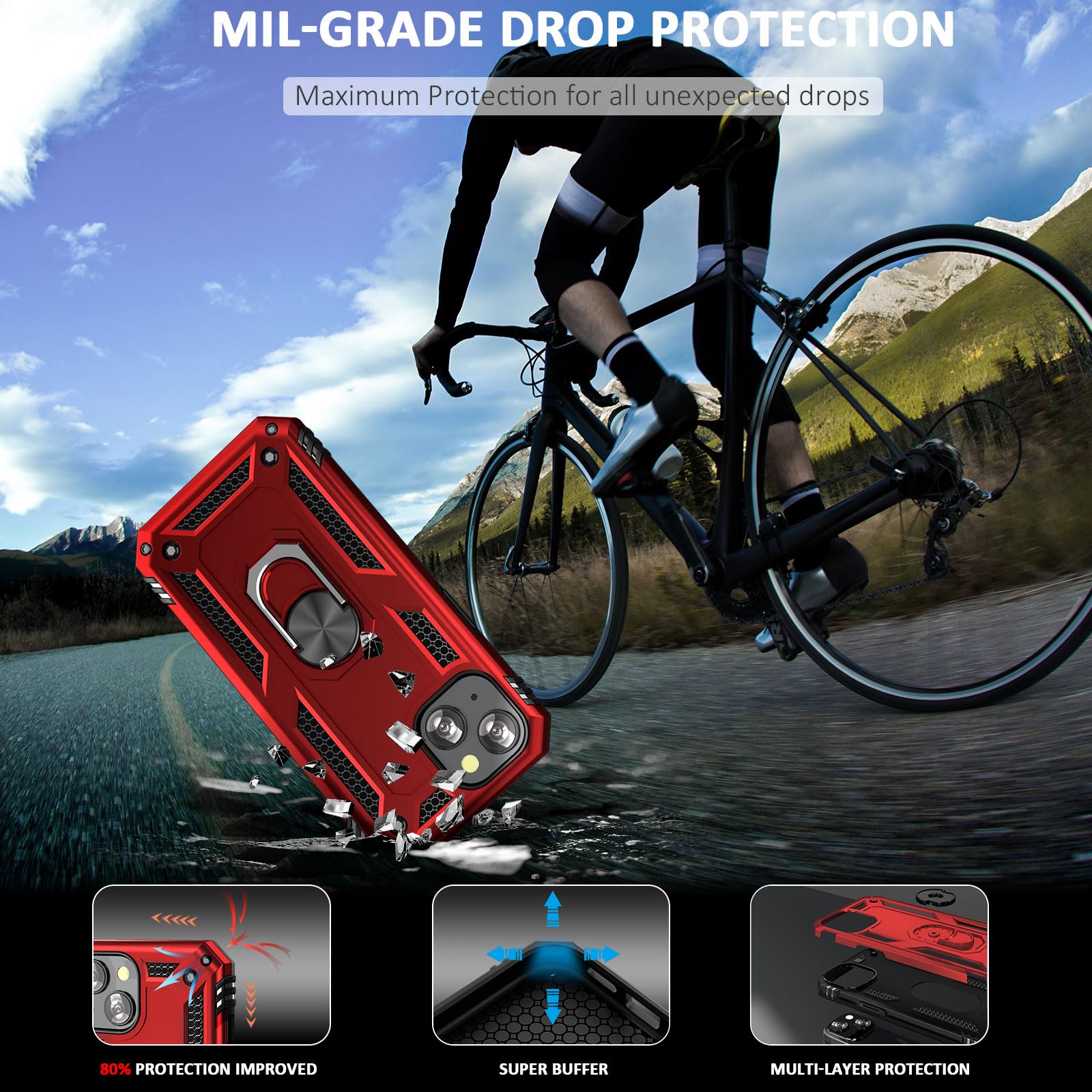 ADDIT Heavy Duty Military Grade iPhone 13 Case with Kickstand & Magnetic Car Mount - Shockproof Protective Phone Cover for iPhone 13 (Red) - Perfect for Outdoor Activities, Travel & Daily Use