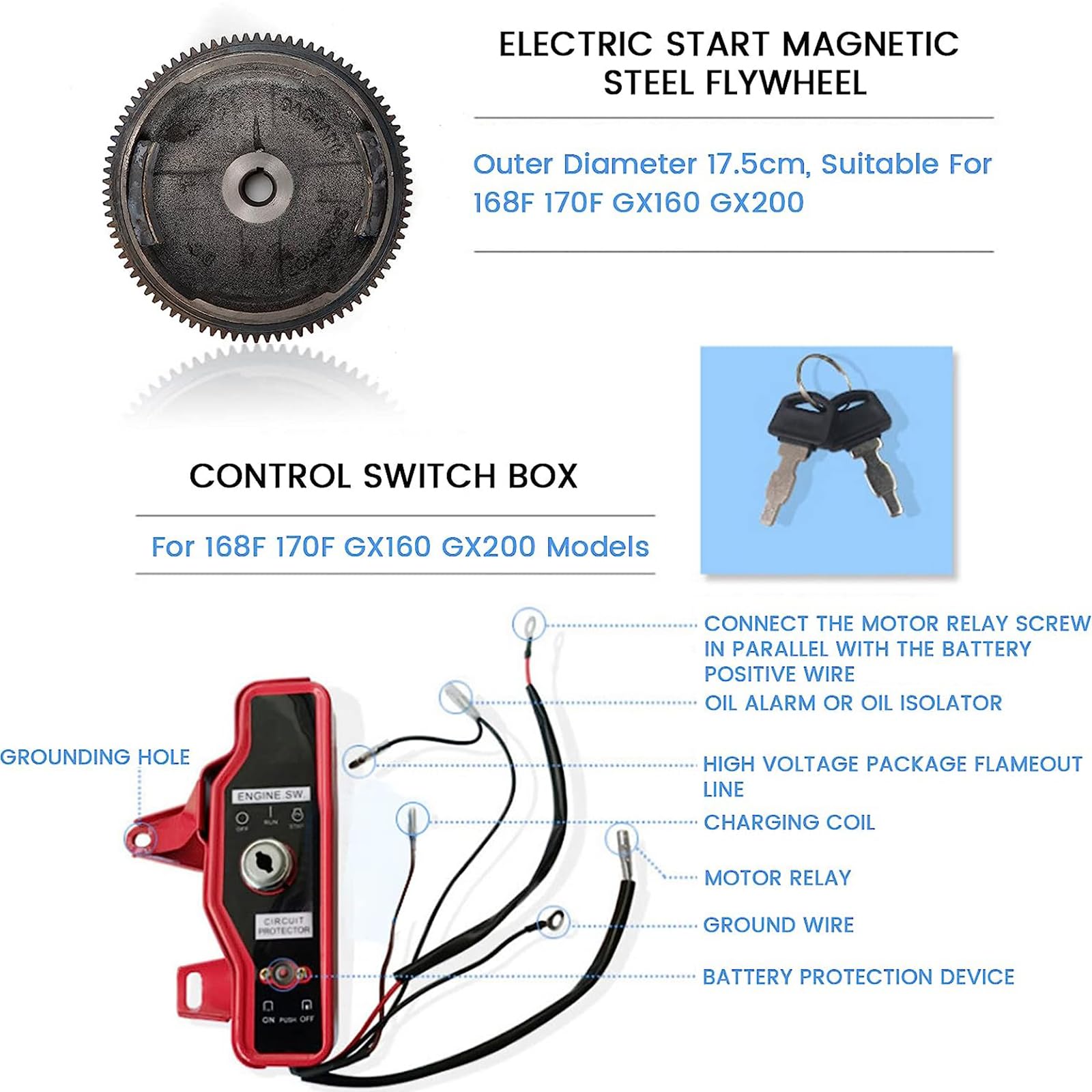 Honda GX160 GX200 5.5HP 6.5HP Electric Start Conversion Kit with Starter Motor, Flywheel, Charging Coil & Key Switch - Perfect for Small Engine Repair, Lawn Mowers, Pressure Washers & Generators