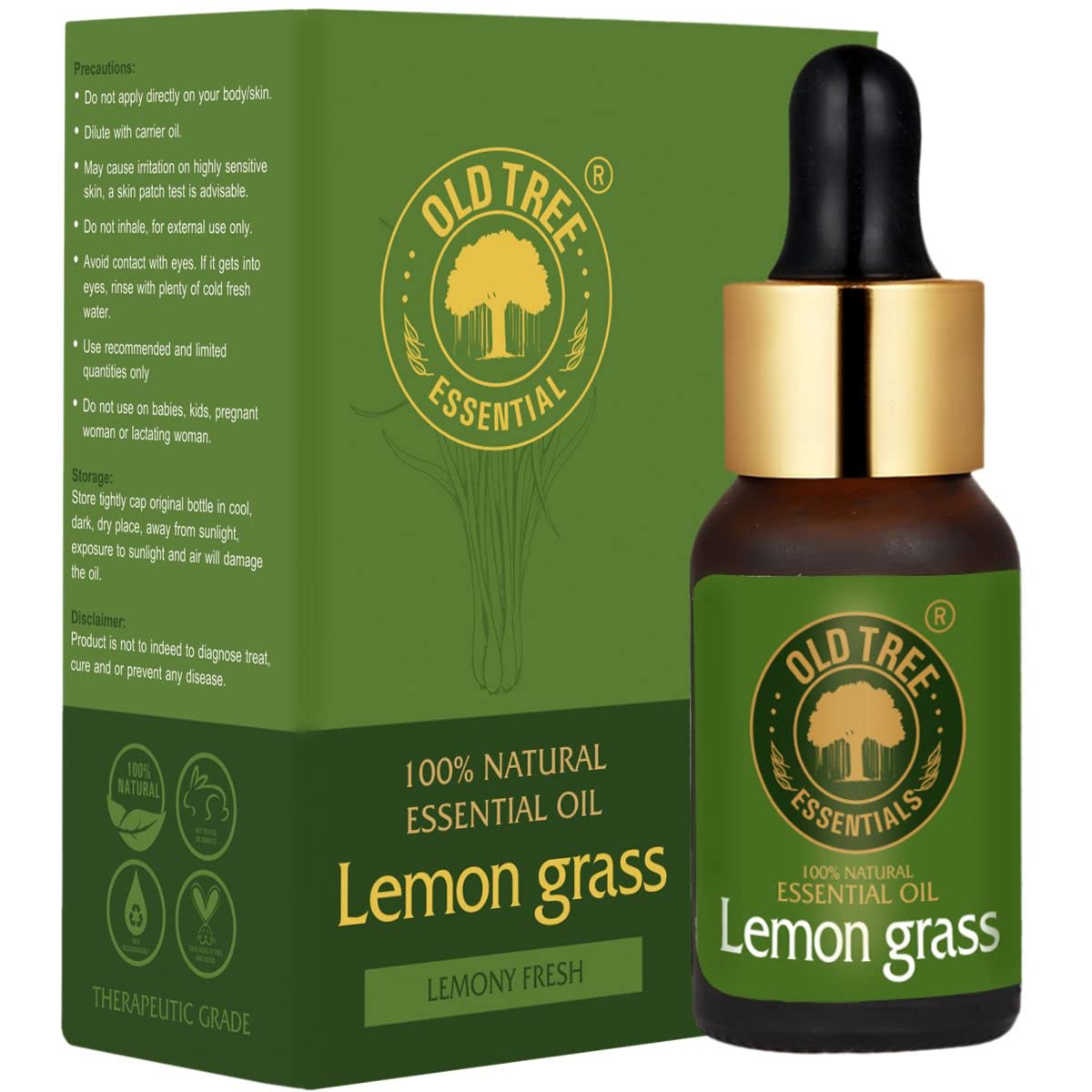 Pure Natural Old Tree Lemongrass Essential Oil 15ml - Undiluted for Skin Care, Hair Growth, Aromatherapy & Insect Repellent - Therapeutic Grade with Glass Dropper - Perfect for Diffusers, Massage & DIY Beauty Products