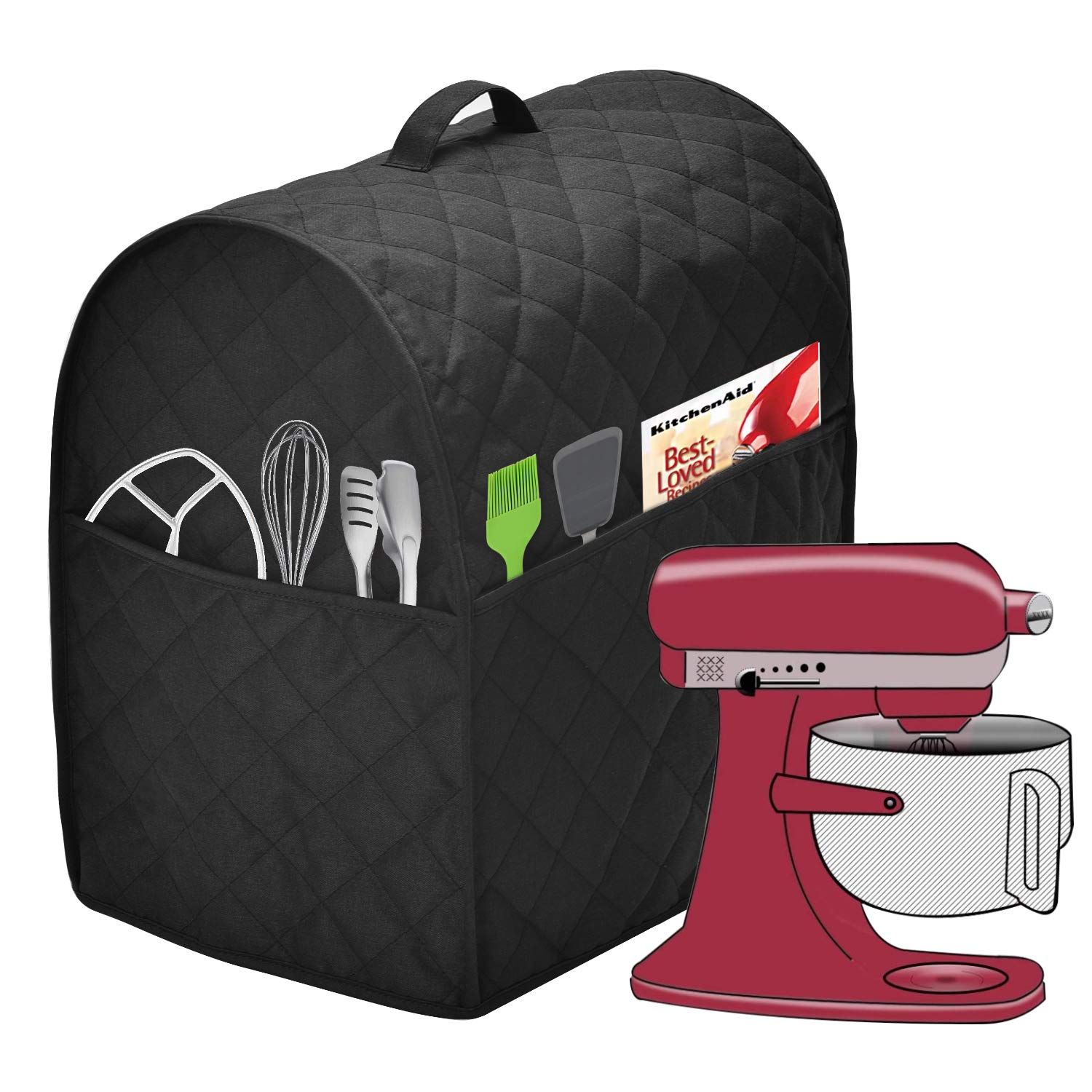 **KitchenAid Tilt Head Stand Mixer Dust Cover with 3 Pockets - Easy Cleaning, Ironable, Fits 6-8 Quart (Black) - Perfect for Baking, Kitchen Storage & Countertop Protection**