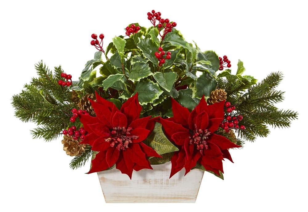Nearly Natural 24in Red Poinsettia, Holly, Berry & Pine Artificial Silk Flower Arrangement Planter - Perfect for Christmas Home Decor, Office & Holiday Centerpieces