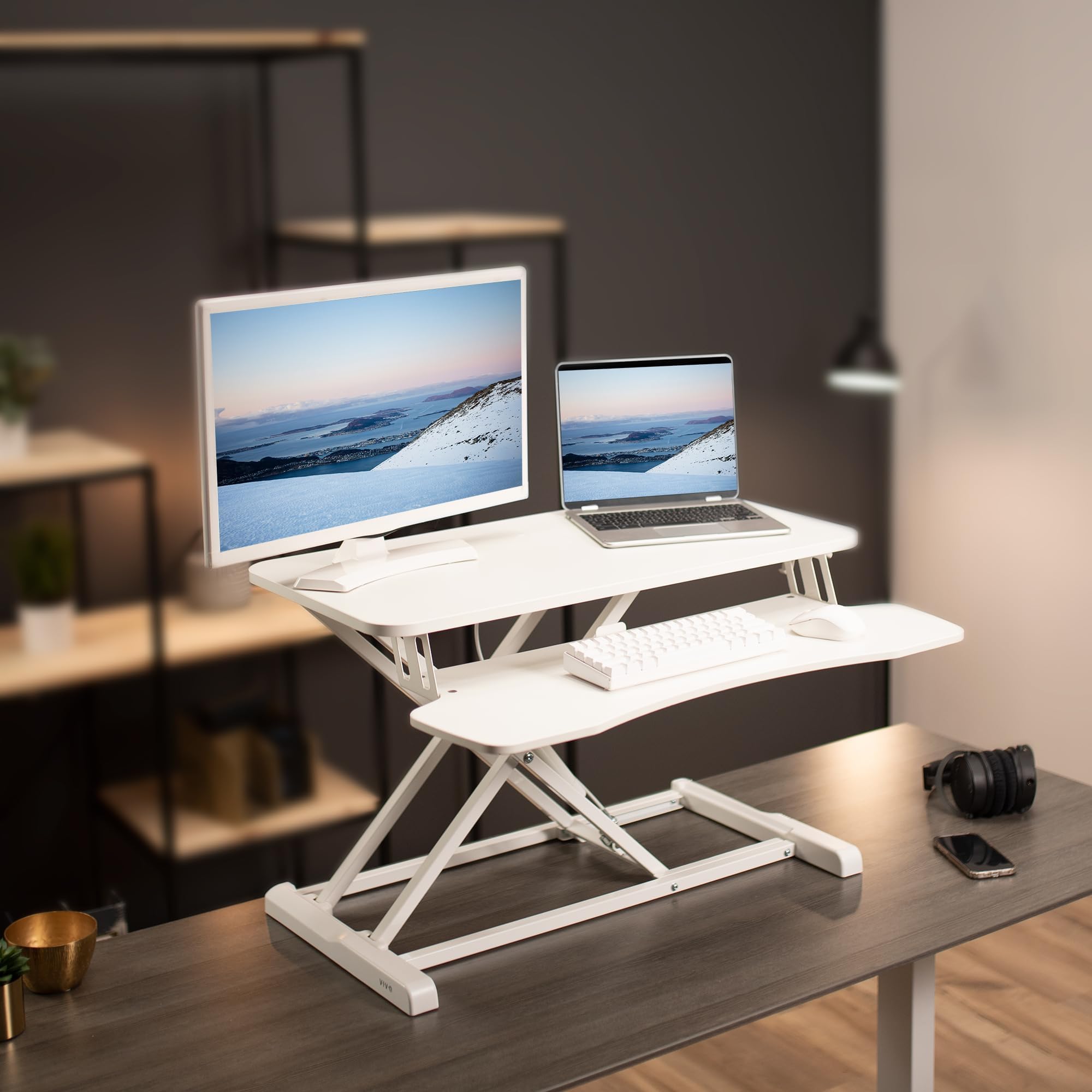 VIVO K Series 32 Inch Height Adjustable Sit Stand Desk Converter - Dual Monitor & Laptop Workstation with Wide Keyboard Tray, White (DESK-V000KW) for Home Office & Ergonomic Workspace Setup