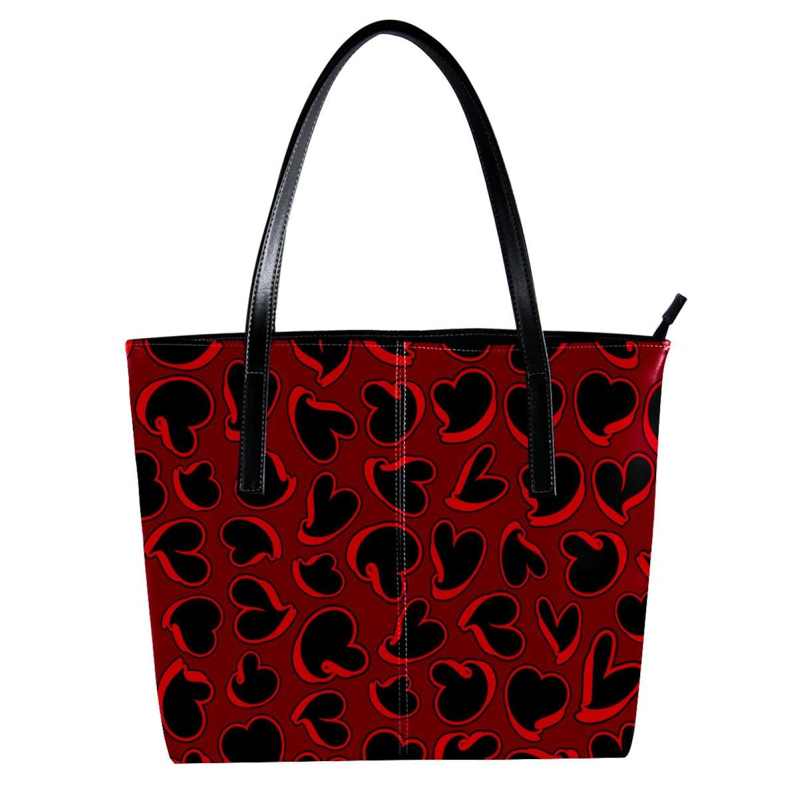 Stylish Red & Black Heart Print Leather Tote Bag for Women - Large Capacity Handbag, Fashionable Shoulder Purse for School, Work & Daily Use | Perfect Valentine's Gift, Office Commuter & Travel Accessory