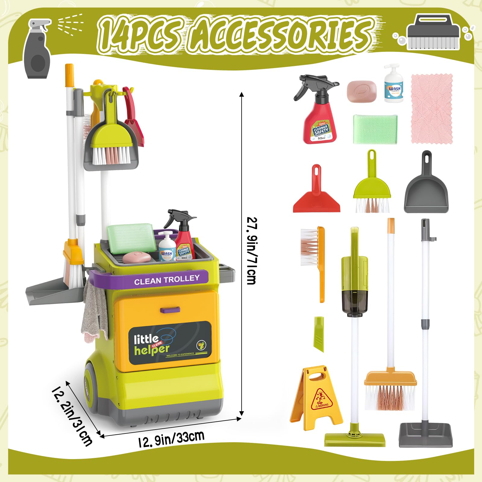 deAO 14-Piece Kids Pretend Play Cleaning Set with Real Working Vacuum, Broom & Spray Bottle - Educational Toy Housekeeping Kit for Toddlers Ages 3-5 - Perfect for Role Play, Early Learning & Developing Responsibility (Great Gift for Boys & Girls)