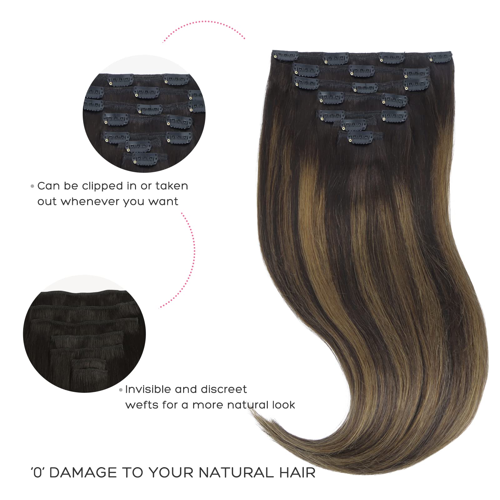Marat Clip-In Human Hair Extensions 20 Inch Straight - Dark Brown Mixed Chestnut Brown 120g | Natural Looking Hair Extensions for Length & Volume | Perfect for Parties, Weddings & Daily Styling