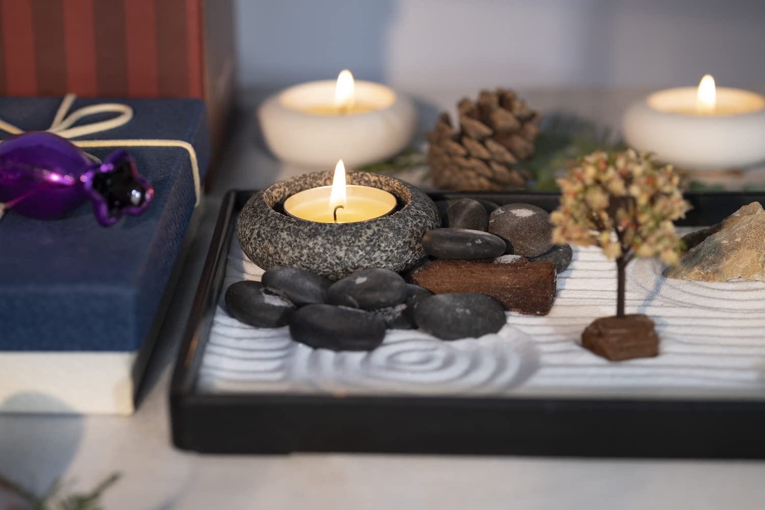 Handmade Zen Garden Pebbles Candle Holder Set with Sand, Base Tray & Tools - Meditation Decor for Home Office Desk, Spa Relaxation & Gift Idea