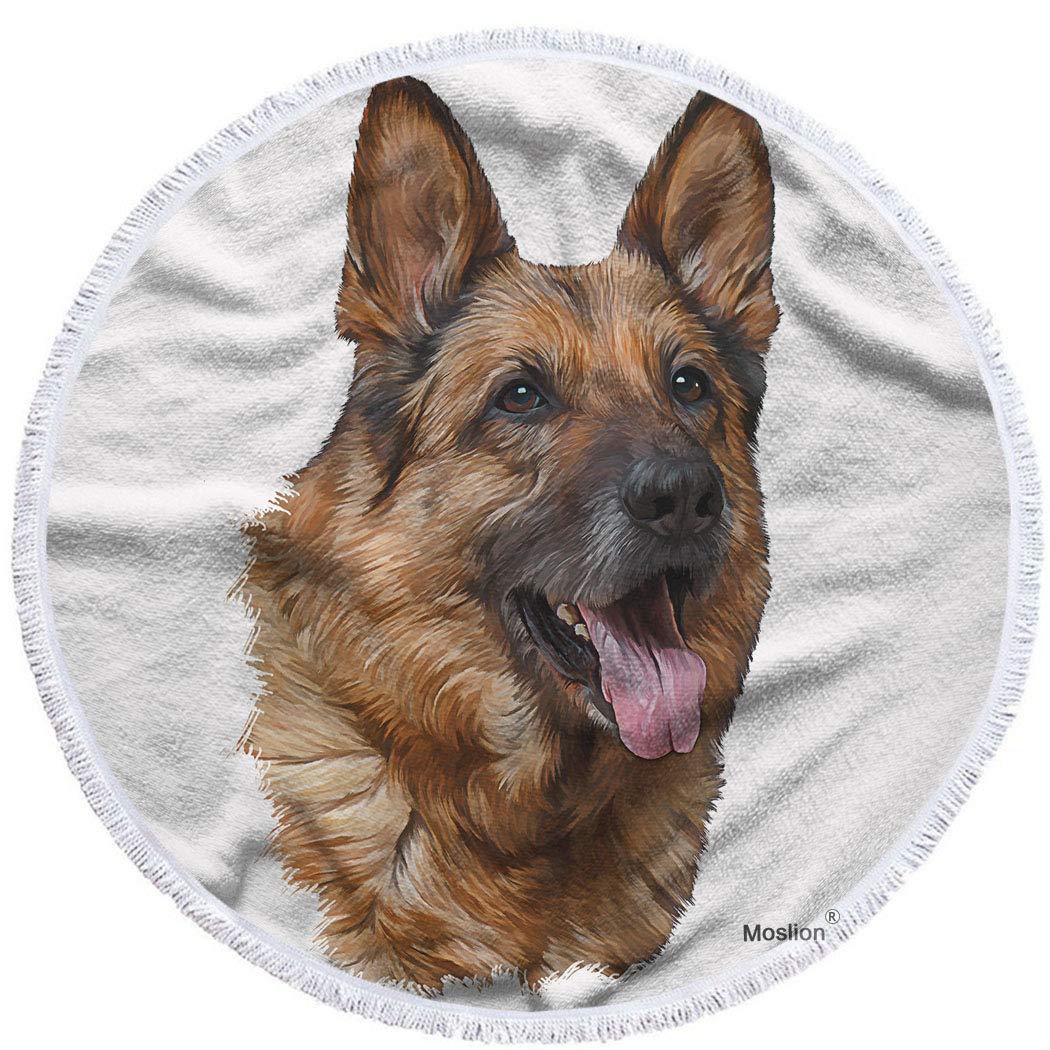 German Shepherd Dog Portrait Round Beach Towel - 63 Inch Oversized Microfiber Polyester, Soft & Absorbent for Pool, Beach, Picnic - Cute Animal Art Design for Dog Lovers