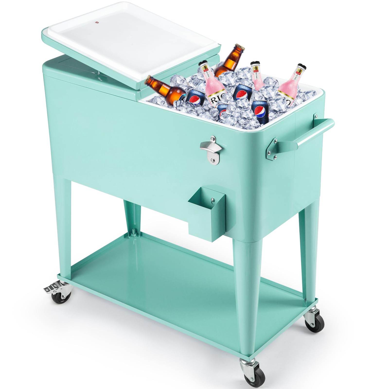 80 Quart Rolling Cooler Cart with Wheels - Portable Outdoor Ice Chest with Shelf, Bottle Opener & Handles - Perfect for Beach, Camping, BBQ & Tailgate Parties (Mint Green)
