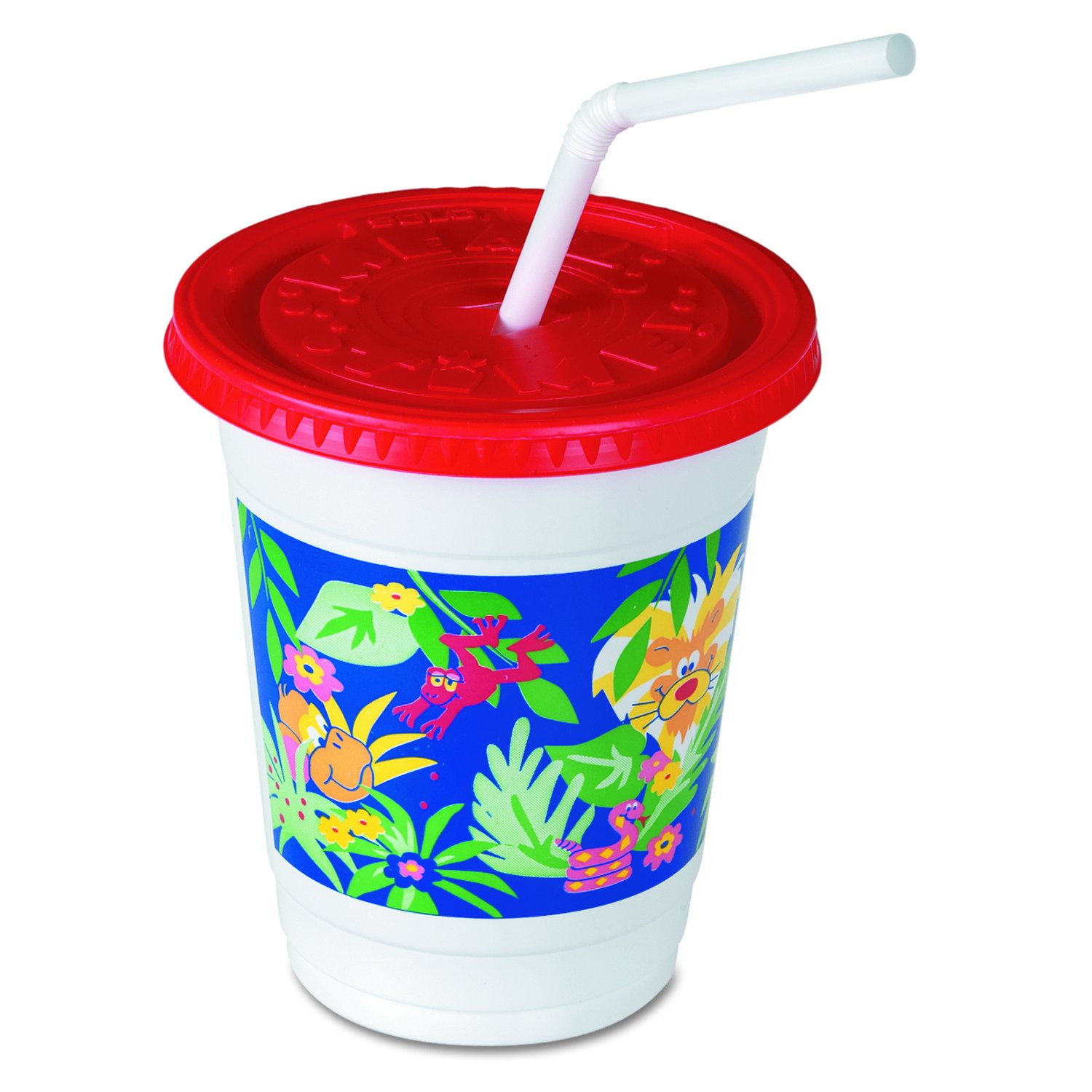 Solo CC12C-J5145 12 oz Jungle Themed Kids Plastic Cups with Lids & Straws - BPA Free, 250 Sets Bulk Pack for Birthday Parties, School Events, and Summer Camps